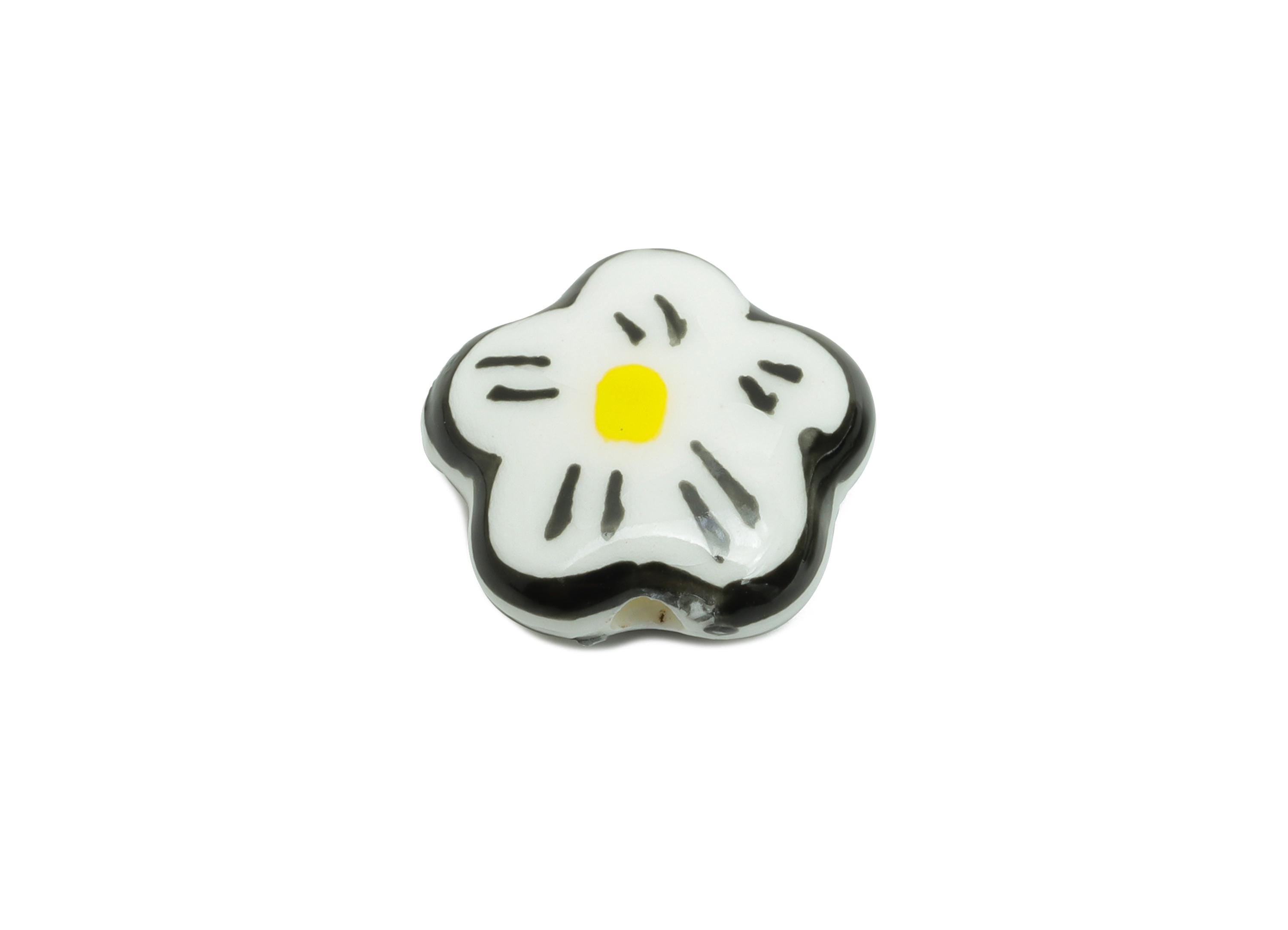 Glazed Ceramic Daisy Beads - Black Flower Jewelry Component - Handmade Beads Connector - Jewelry Making Beads - 14.7x14.73x6.44mm - NS2854B - DOMEDBAZAAR