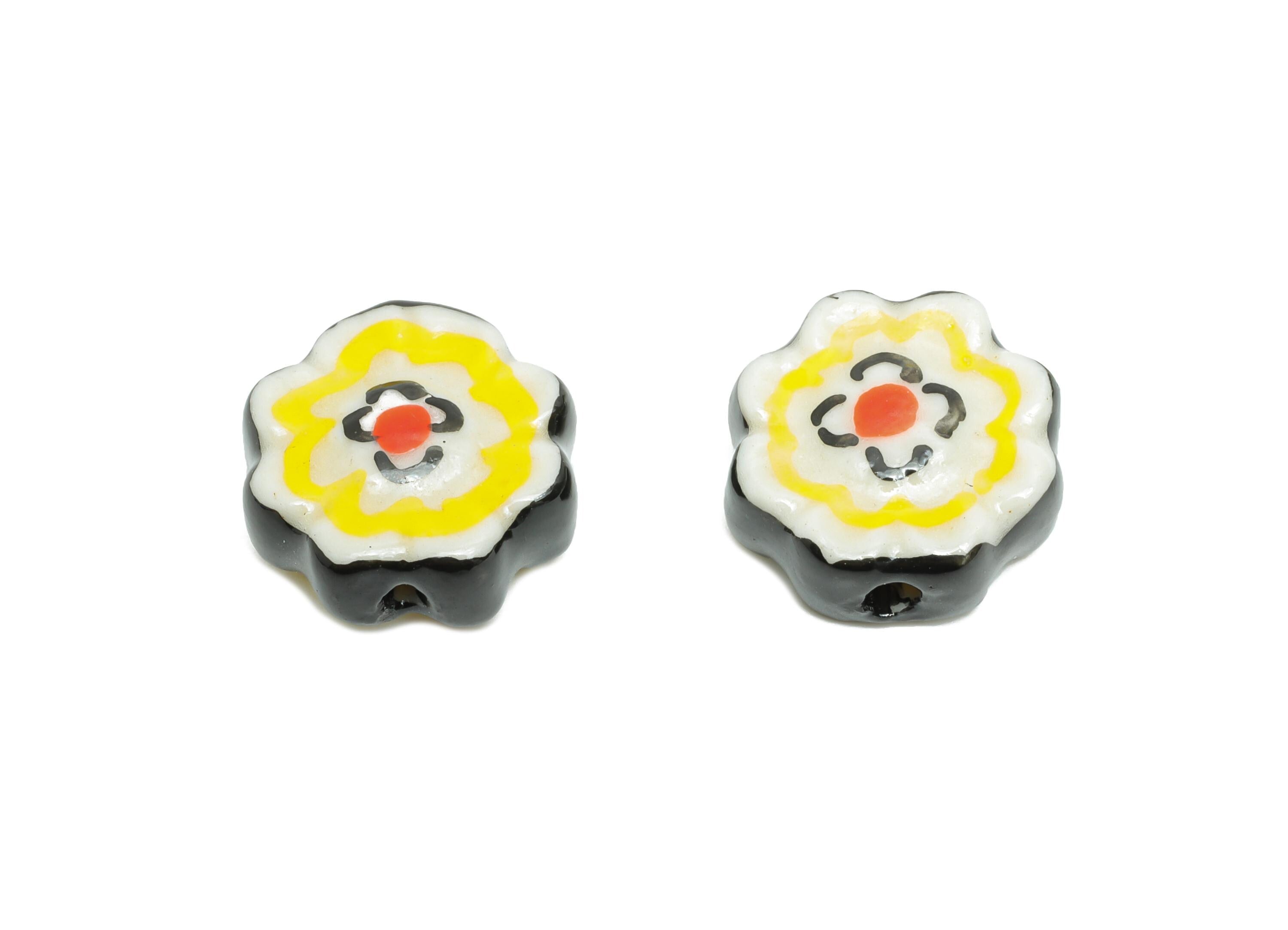 Glazed Ceramic Flower Beads - Handmade Jewelry Component - Handmade Connectors Beads - Boho Bead for DIY Crafts - 16x16x6.88mm - NS2836 - DOMEDBAZAAR