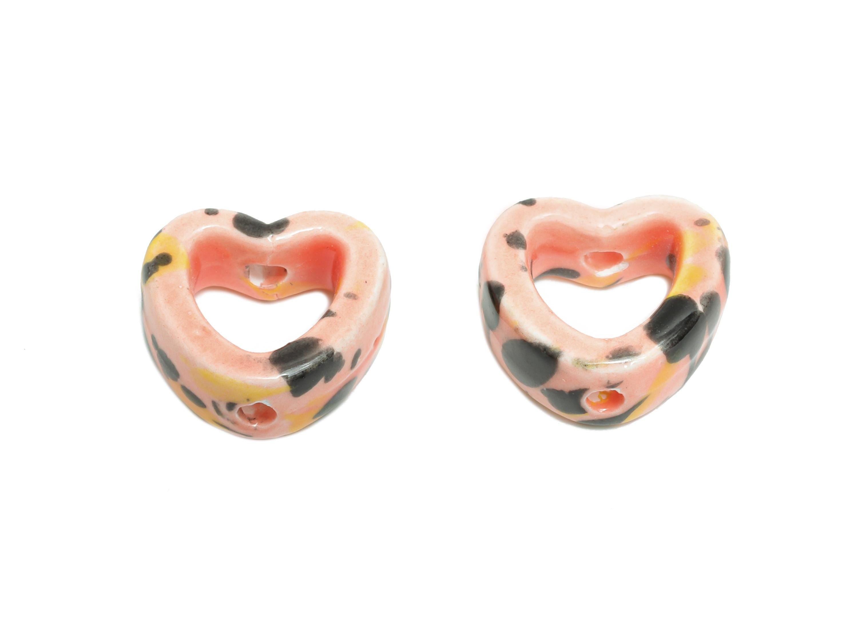 Glazed Ceramic Heart Beads - Colorful Artisan Heart Bead - Handmade Connectors Beads - DIY Jewelry Making- for Bracelets - 13x15x6mm-NS2847C - DOMEDBAZAAR
