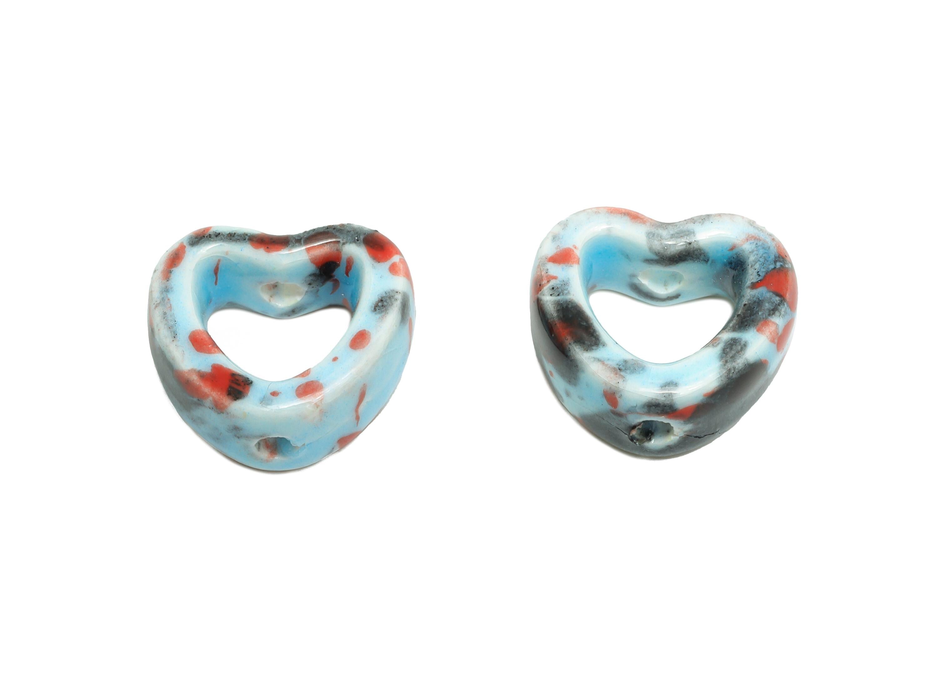 Glazed Ceramic Heart Beads - Artisan Heart Bead - Handmade Connectors Beads - DIY Jewelry Making- for Bracelets - 13x15x6.62mm - NS2847A - DOMEDBAZAAR