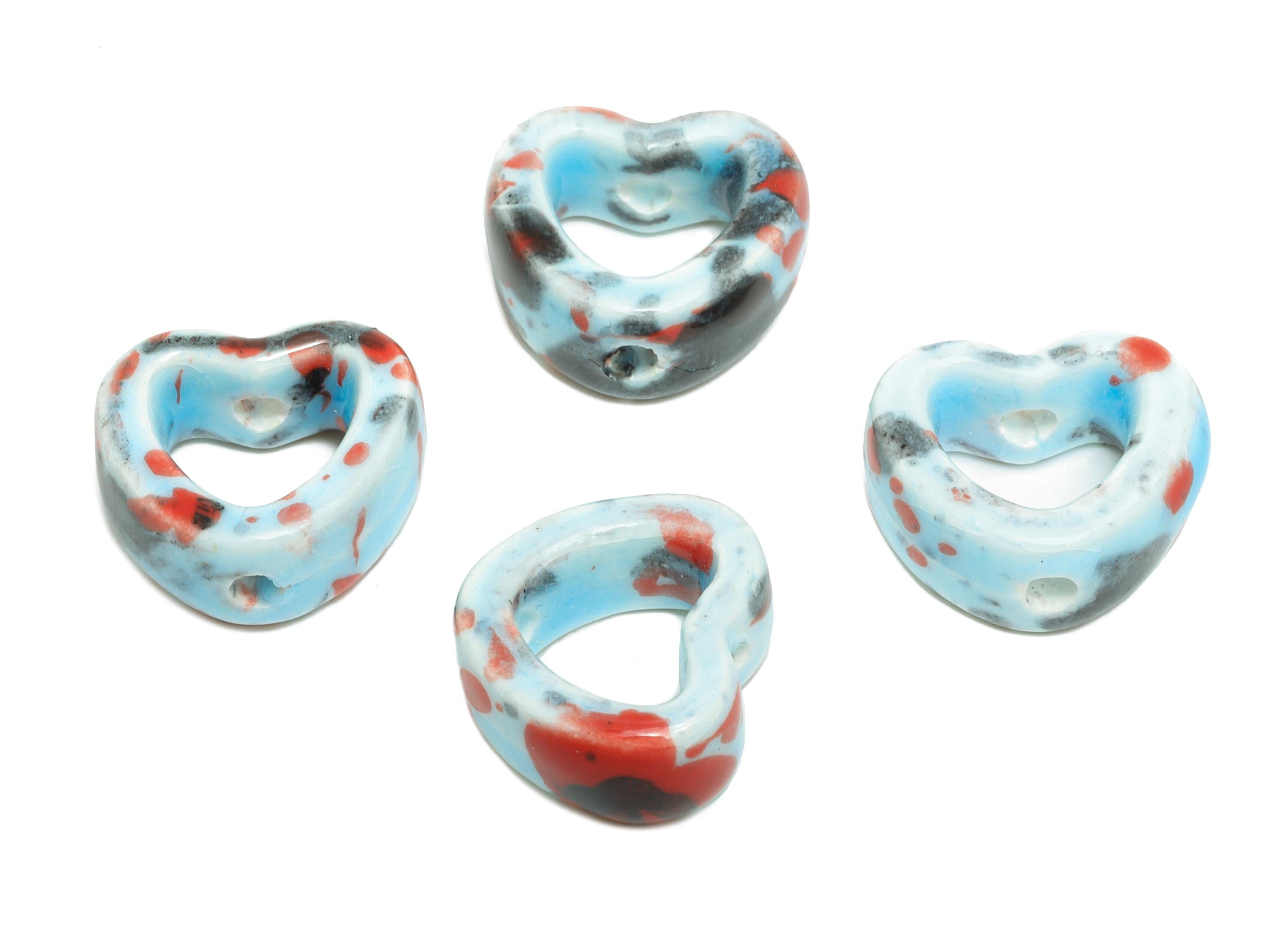 Glazed Ceramic Heart Beads - Artisan Heart Bead - Handmade Connectors Beads - DIY Jewelry Making- for Bracelets - 13x15x6.62mm - NS2847A - DOMEDBAZAAR