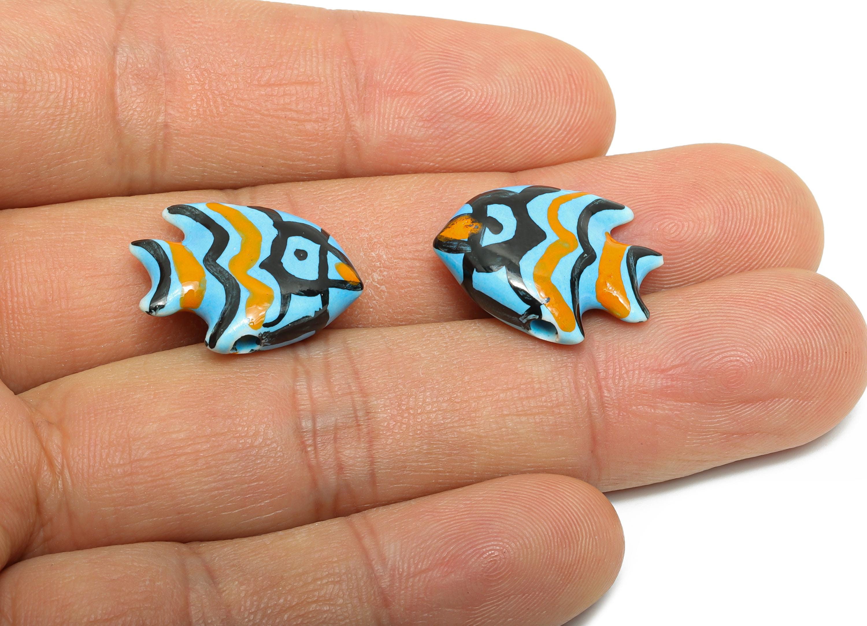 Glazed Ceramic Fish Beads - Colorful Tropical Fish Marine Beads - Handmade Bead Connector - Jewelry Component - 21.19x17.09x6.71mm - NS2853E - DOMEDBAZAAR