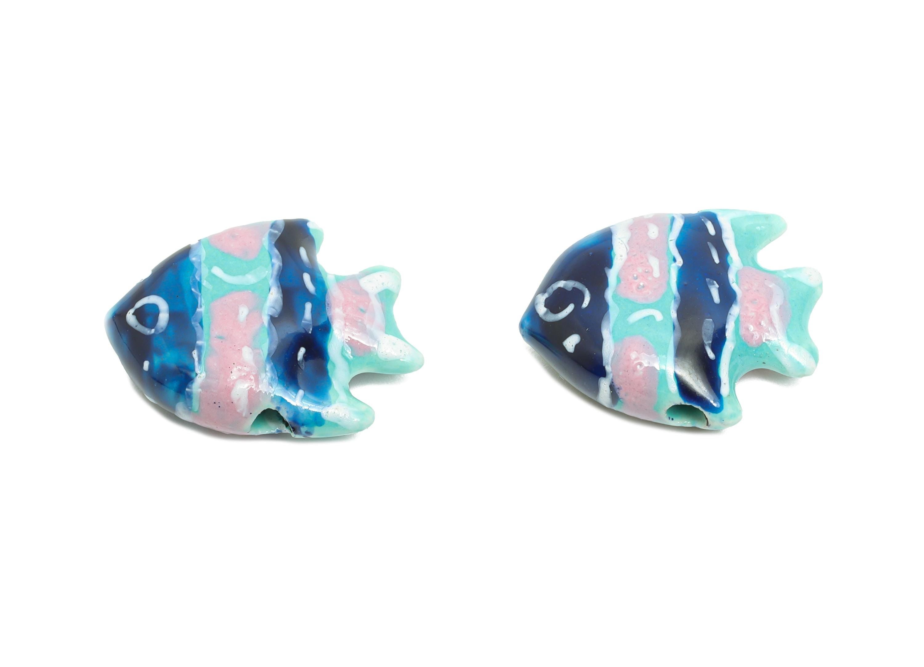 Glazed Ceramic Fish Beads - Colorful Tropical Fish Marine Beads - Handmade Bead Connector - Jewelry Component - 21.28x16.81x6.54mm - NS2853F - DOMEDBAZAAR