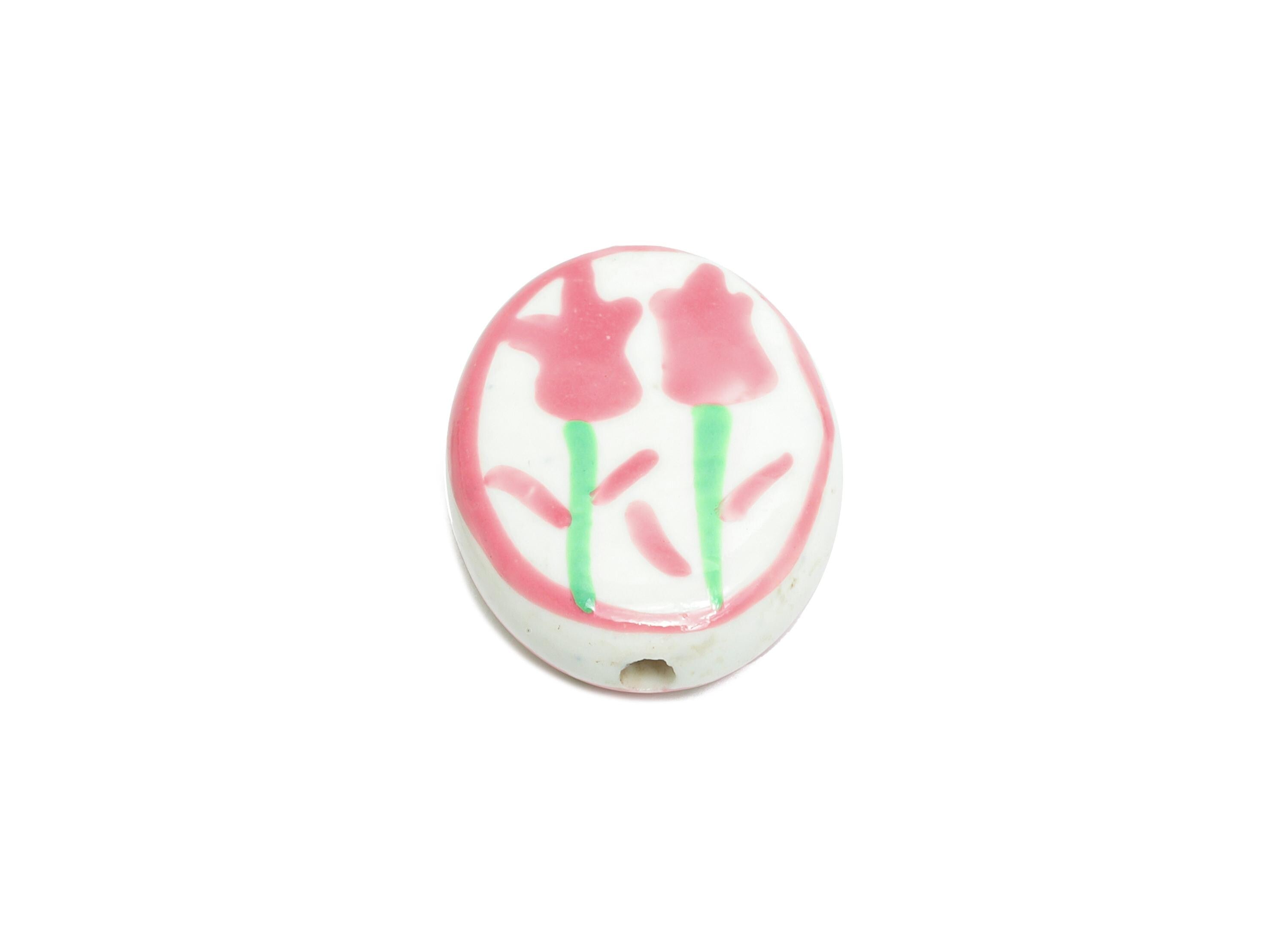 Glazed Ceramic Oval Tulip Bead - Pink Flower Nature Ceramic Beads - Handmade Beads Connectors - Jewelry DIY Bead - 19.52x16.05x5mm - NS2848C - DOMEDBAZAAR