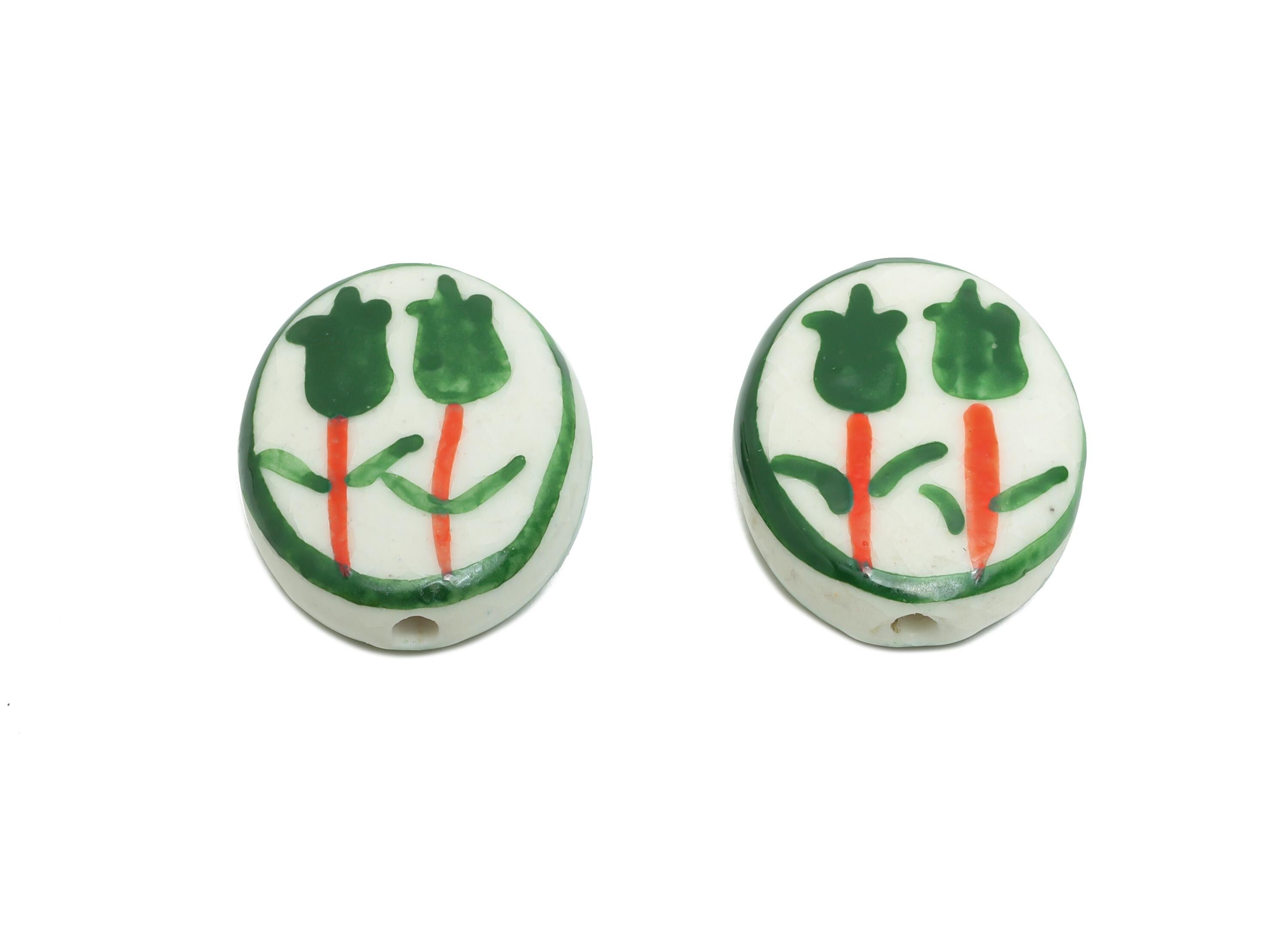 Glazed Ceramic Oval Tulip Bead - Green Flower Nature Ceramic Beads - Handmade Beads Connectors - Jewelry DIY Bead - 19.75x15.94x5mm -NS2848D - DOMEDBAZAAR