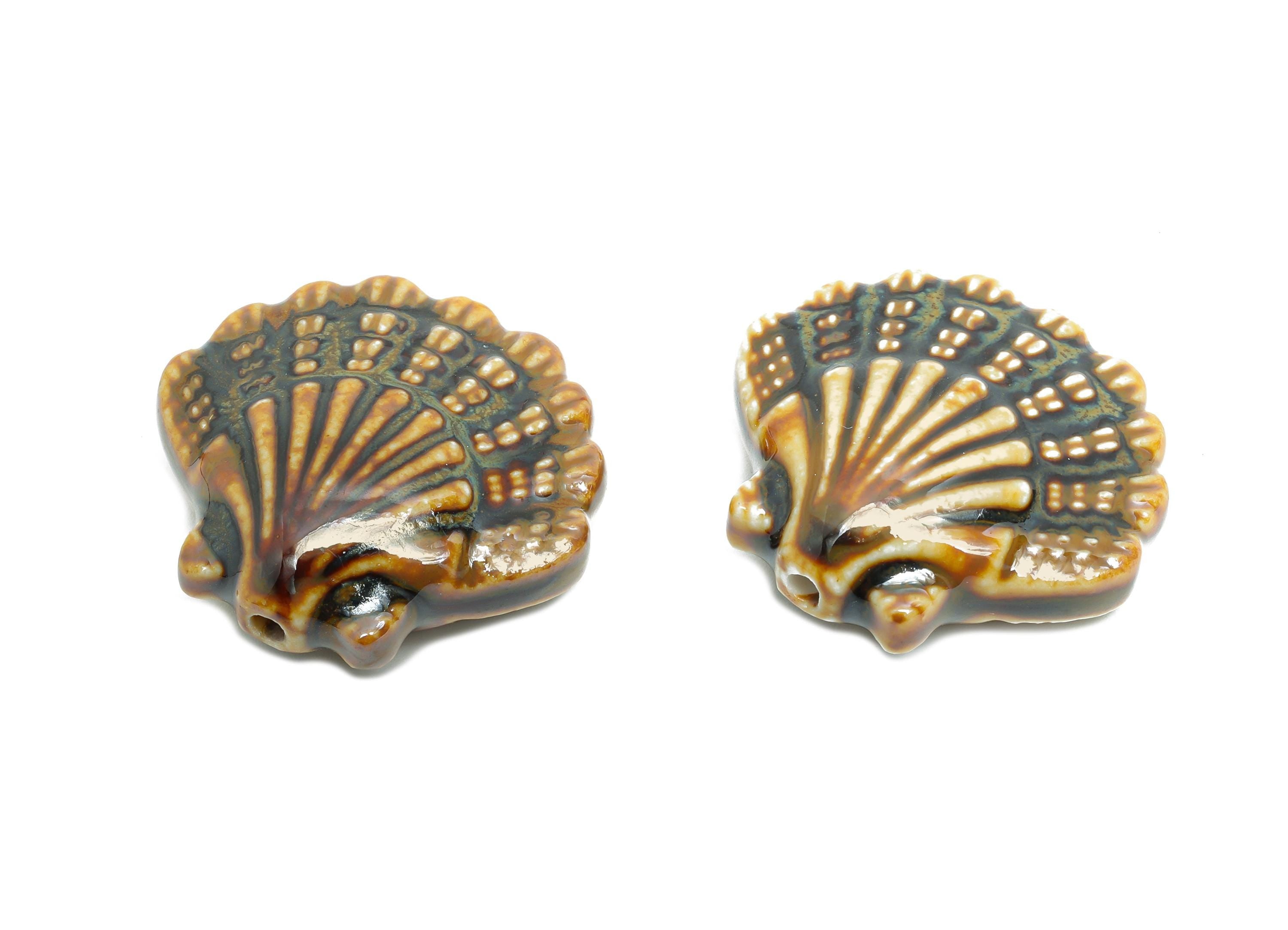 Ceramic Seashell Bead - Textured Handmade Bead - Bohemian Beach-Themed Jewelry - Handmade Bead for Jewelry Making - 25x27x10mm - NS2859B - DOMEDBAZAAR