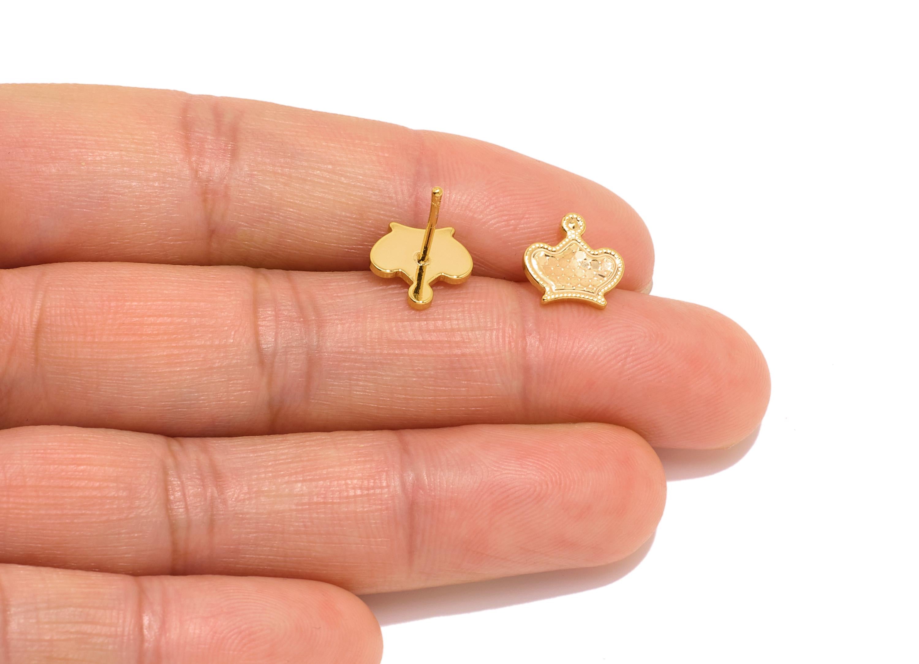Brass Crown Earring Stud - Mini Gold Textured Earring Post for Girls - Minimalist Jewelry - 18K Real Gold Plated - 8.95x9.42x0.8mm -RGP10763 - DOMEDBAZAAR