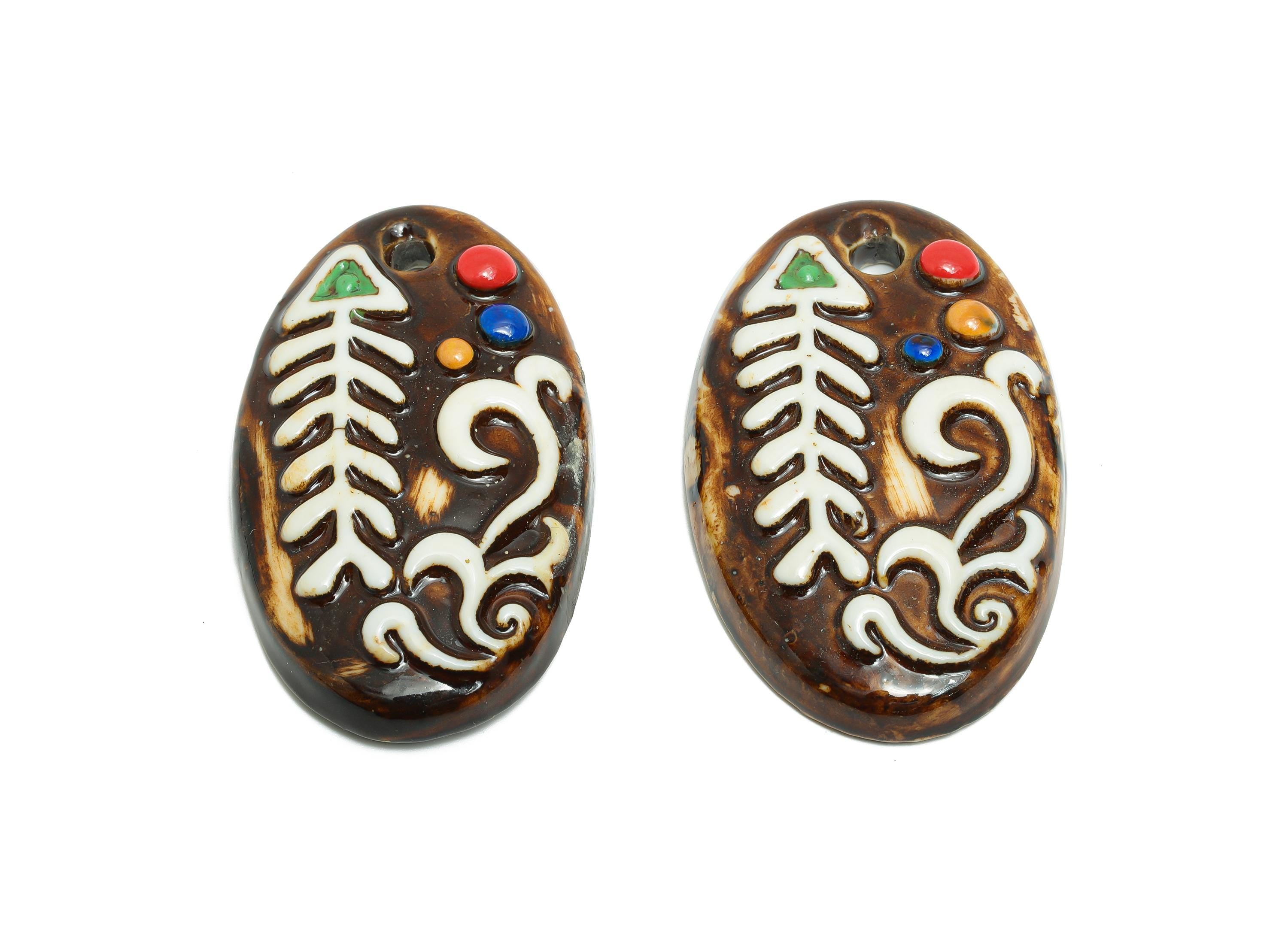 Ceramic Fishbone Pendant - Textured Motif Pendant - Artisan Hand-Painted Pendant - Handcrafted Marine Jewelry Making - 61x36x9mm - NS2789 - DOMEDBAZAAR