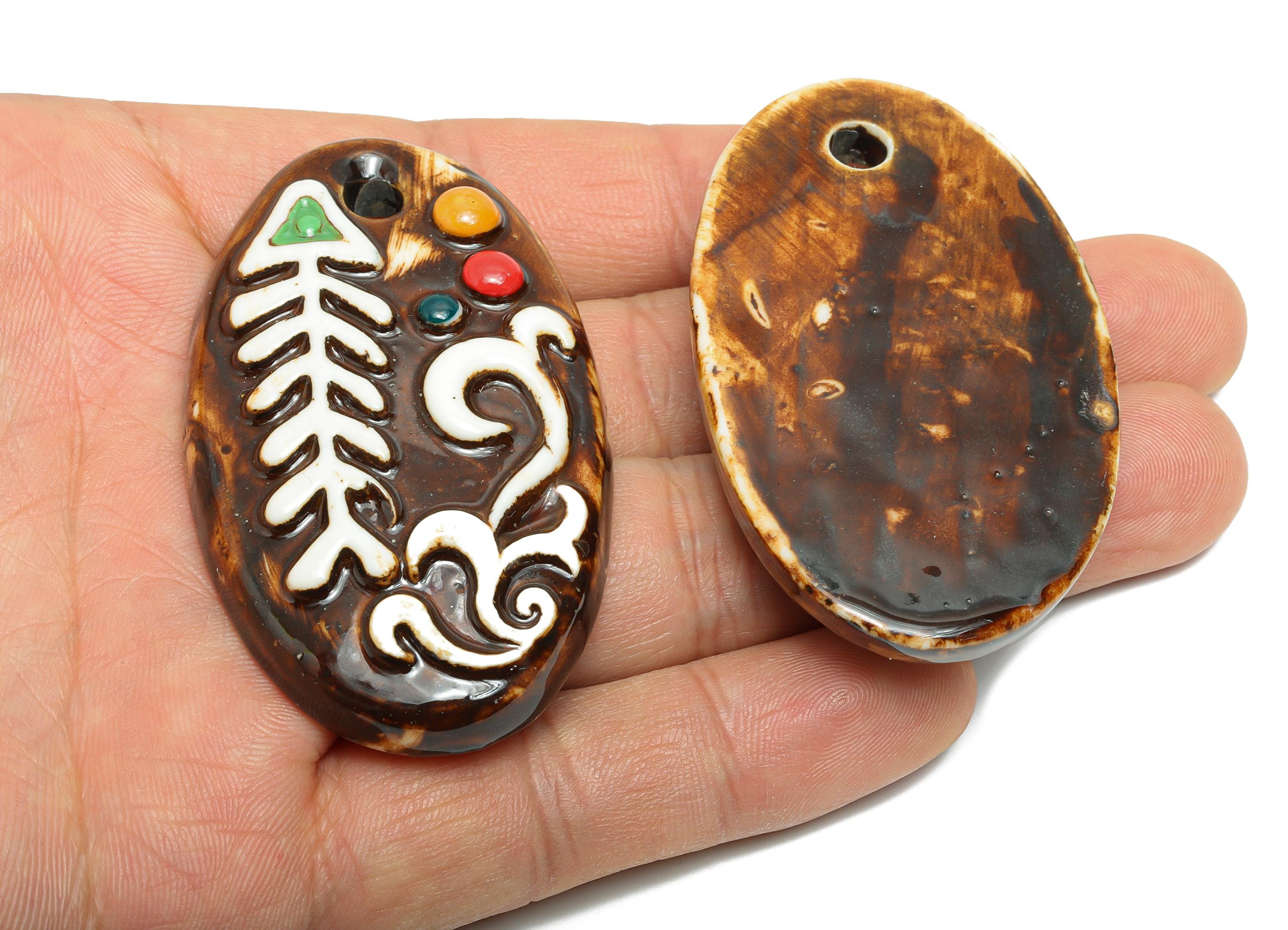 Ceramic Fishbone Pendant - Textured Motif Pendant - Artisan Hand-Painted Pendant - Handcrafted Marine Jewelry Making - 61x36x9mm - NS2789 - DOMEDBAZAAR