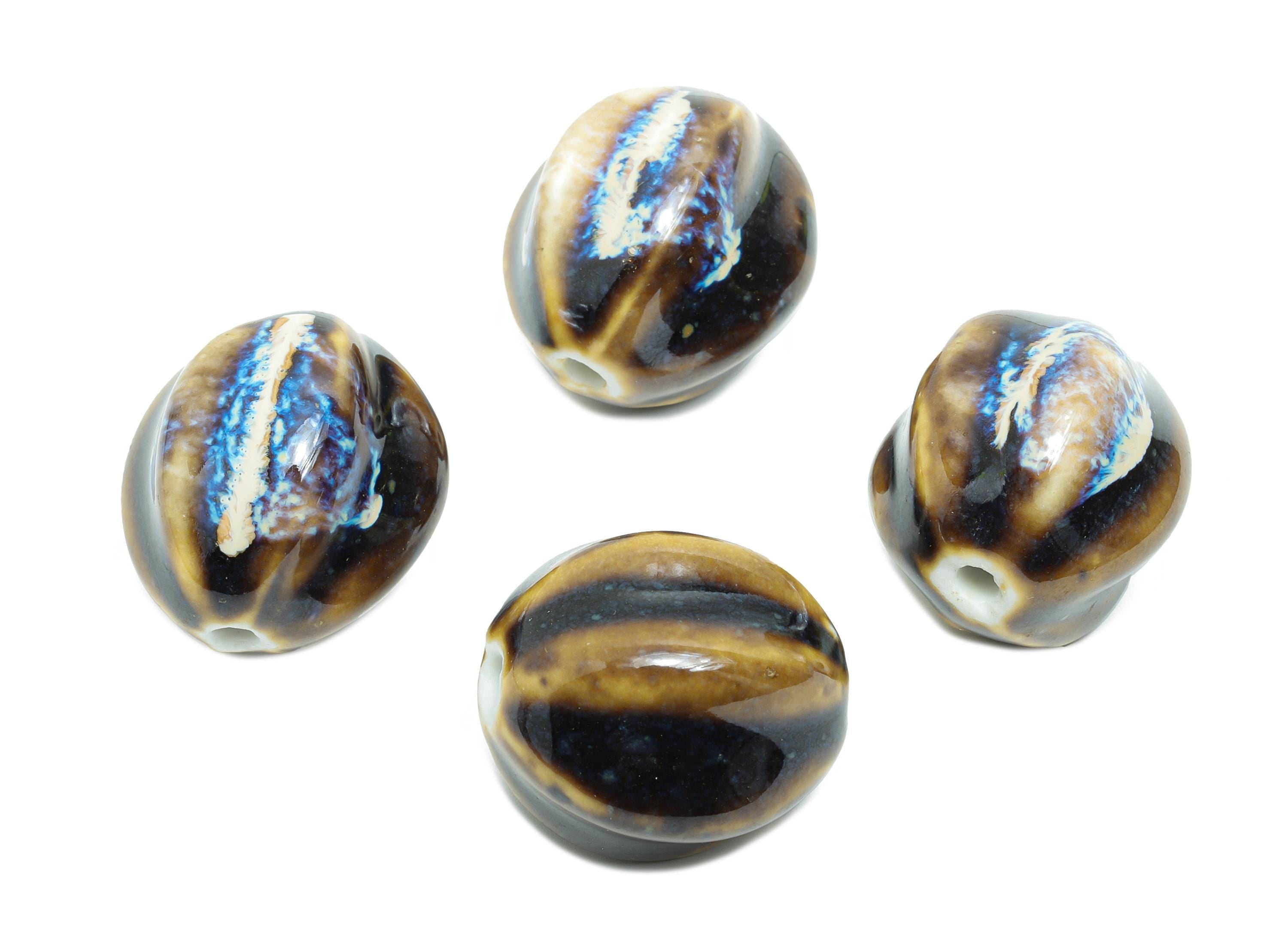 Striped Oval Ceramic Bead - Craft Beads for Necklace or Bracelet - Rustic Artisan - Textured Ceramic  Making Supplies - 28x21x25mm - NS2812 - DOMEDBAZAAR