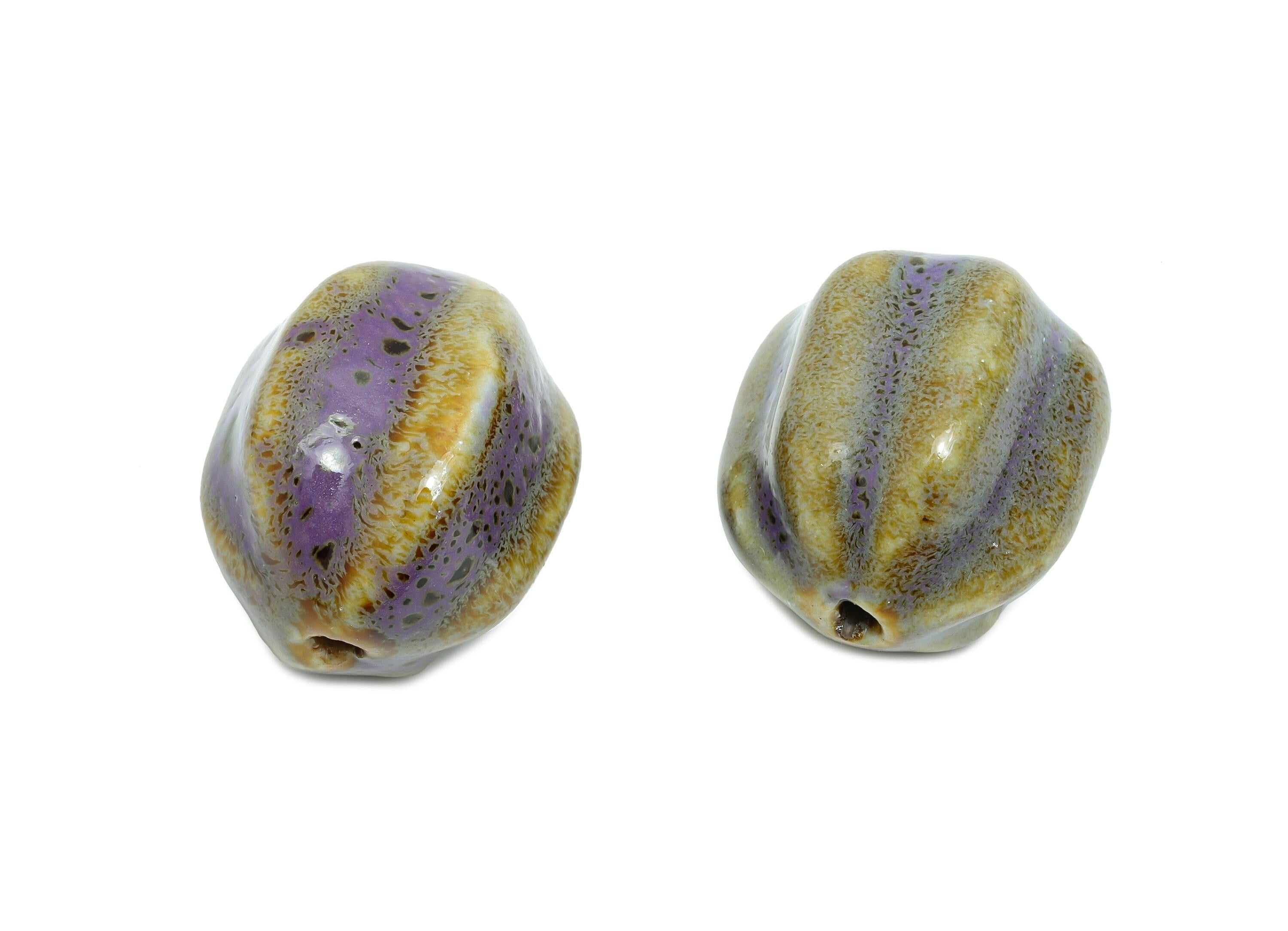 Striped Oval Ceramic Bead - Craft Beads for Necklace or Bracelet - Rustic Artisan - Textured Ceramic  Making Supplies - 30x25x25mm - NS2813 - DOMEDBAZAAR