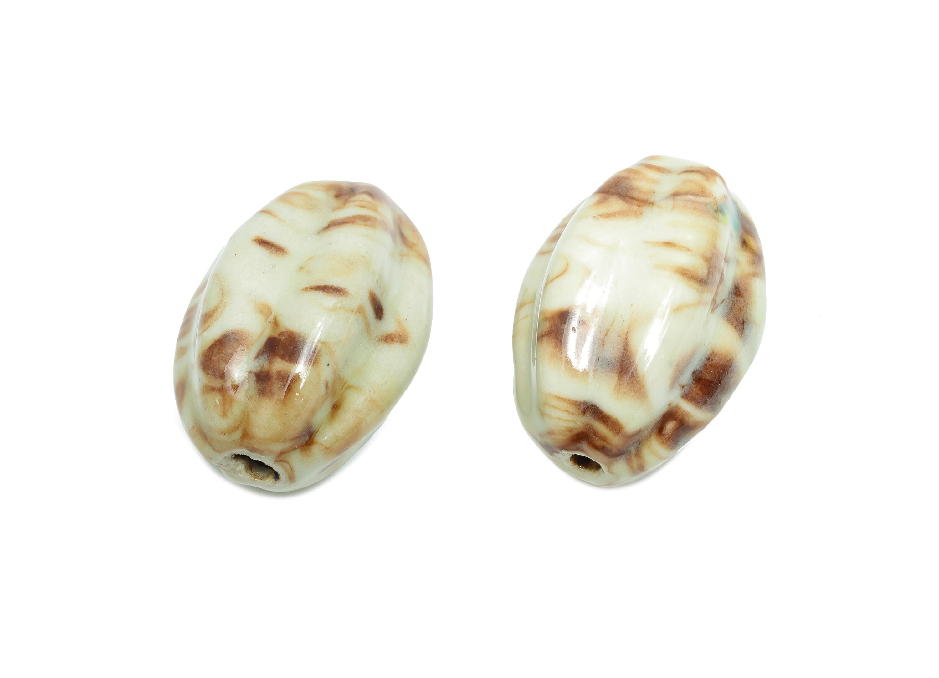 Striped Oval Ceramic Bead - Craft Beads for Necklace or Bracelet - Rustic Artisan - Textured Ceramic  Making Supplies - 38x27x23mm - NS2798 - DOMEDBAZAAR