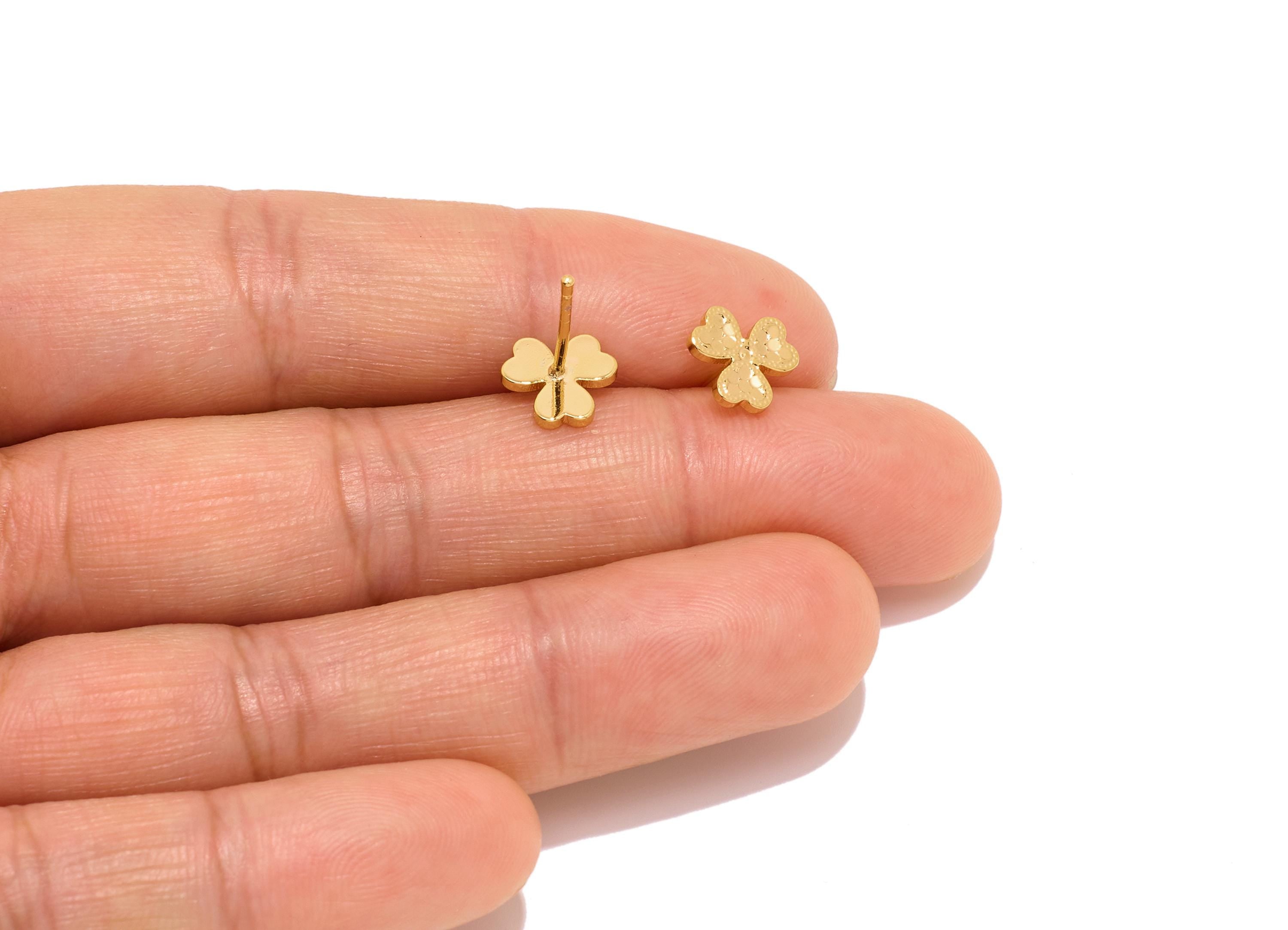 Brass Shamrock Earring Stud - Sparkling Gold Lucky Flower Post - Elegant Jewelry - 18K Real Gold Plated Brass - 8.27x8.35x0.8mm - RGP10765 - DOMEDBAZAAR