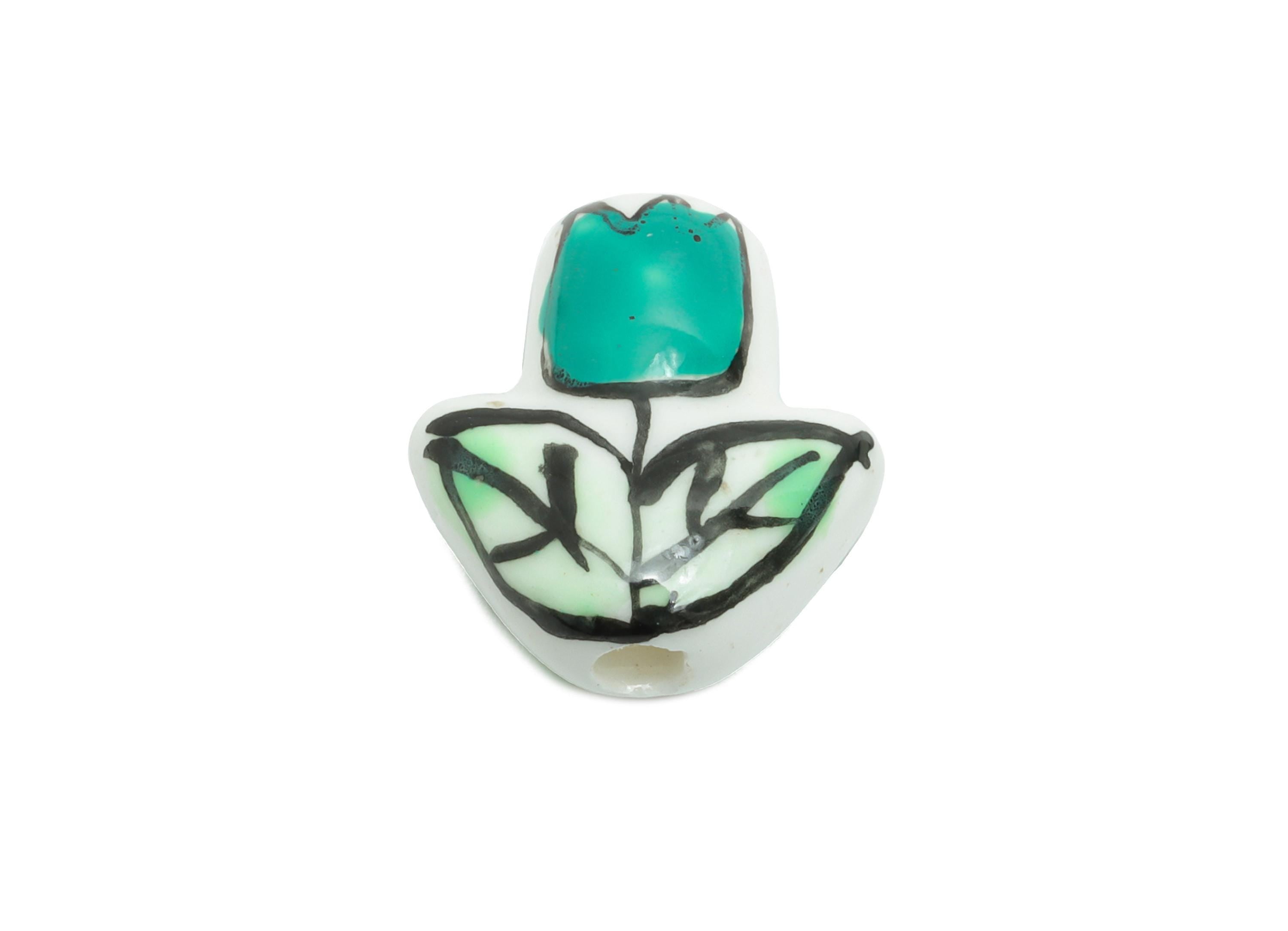 Ceramic Floral Beads - Craft Beads for Necklace or Bracelet - Green Tulip Handmade Beads - Textured Making Supplies - 16x14x6.94mm - NS2855D - DOMEDBAZAAR