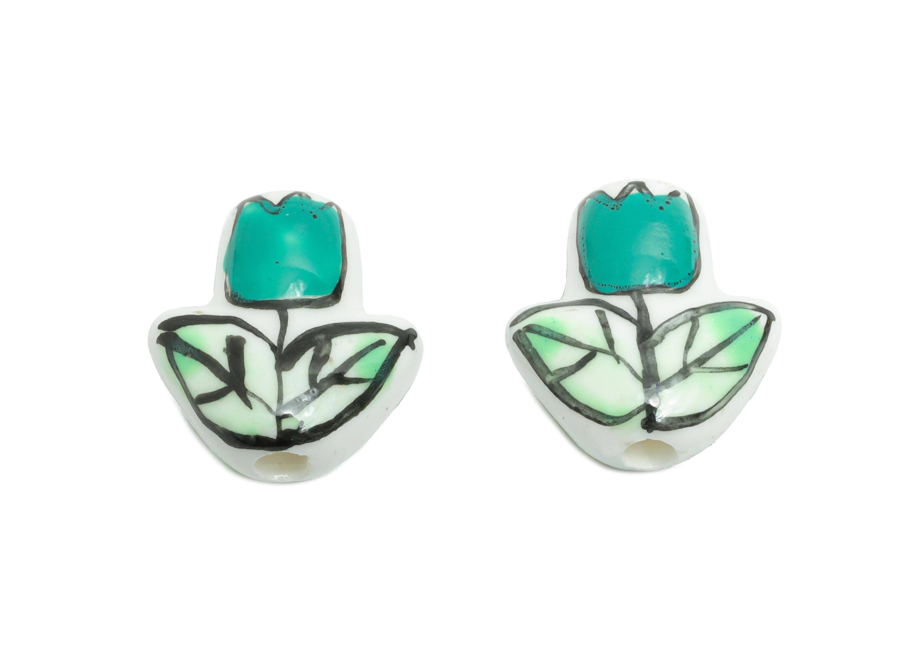 Ceramic Floral Beads - Craft Beads for Necklace or Bracelet - Green Tulip Handmade Beads - Textured Making Supplies - 16x14x6.94mm - NS2855D - DOMEDBAZAAR