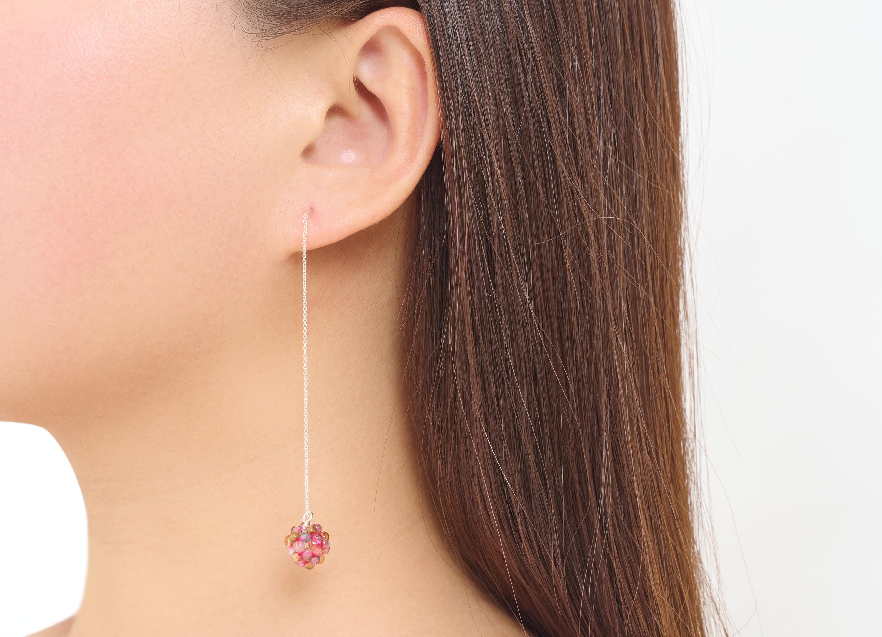 Brass Dangle Tassel Beaded Wire - Threader Chain Ear Wire - Cluster Tourmaline Beaded Wire - 18K White Gold Plated - 95x10x9mm - RGP10739S - DOMEDBAZAAR