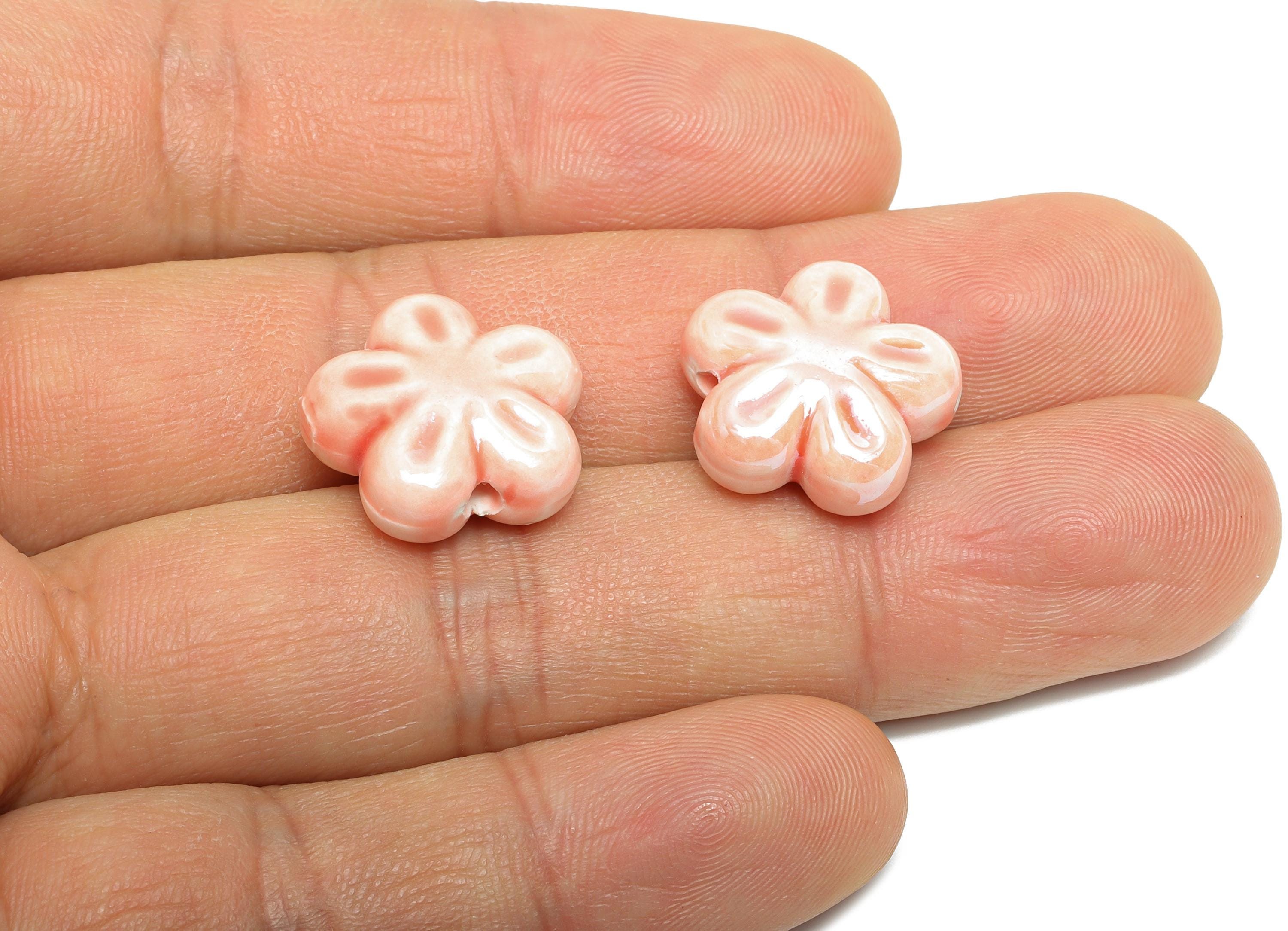 Glazed Ceramic Flower Beads - Craft Beads for Necklace or Bracelet - Pink Floral Beads - Handmade  Making Supplies - 17x17x8mm - NS2831 - DOMEDBAZAAR