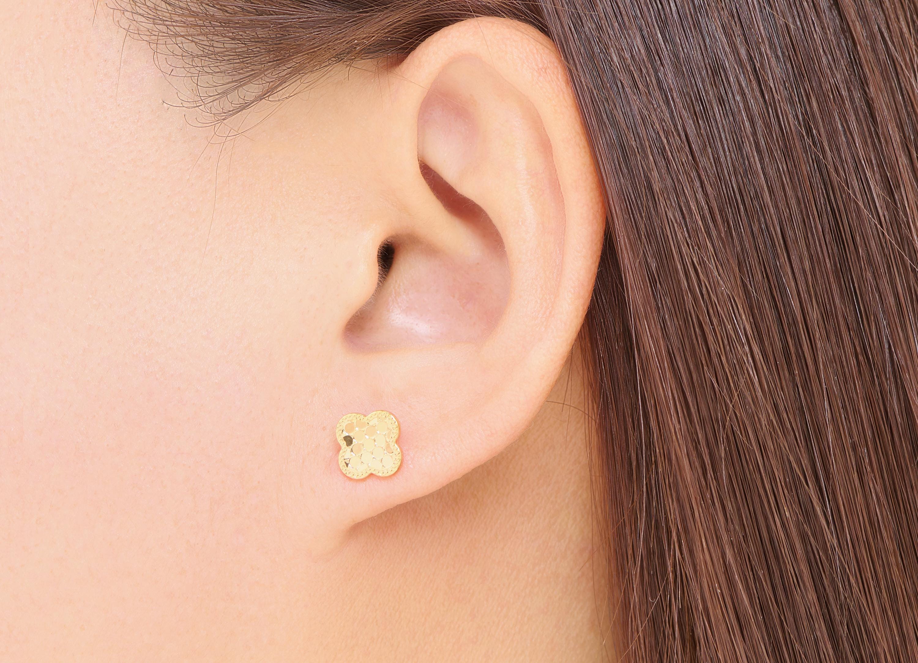 Brass Four-Leaf Clover Earring Stud - Elegant Gold Lucky Clover Post - Minimalist Jewelry - 18K Real Gold Plated - 9.03x7.77x0.8mm -RGP10767 - DOMEDBAZAAR
