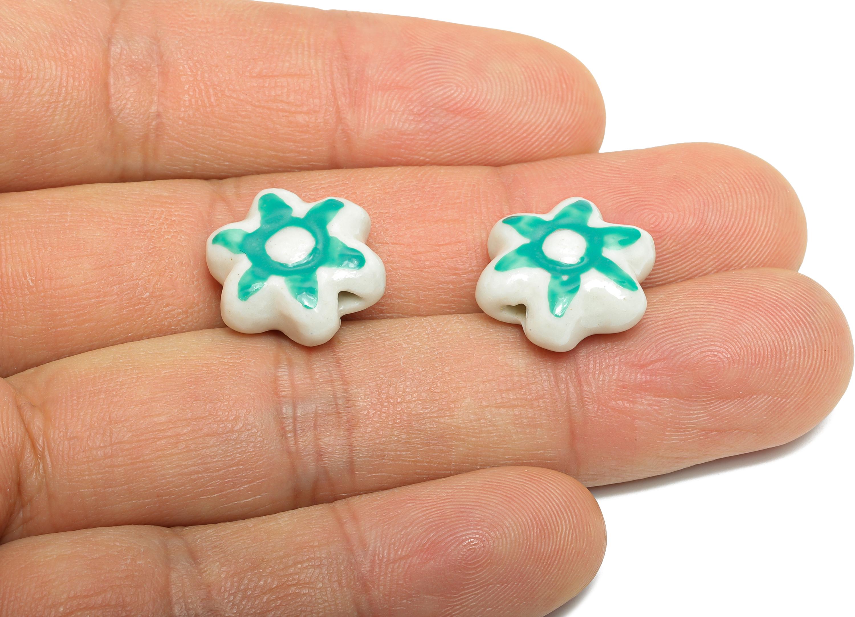 Glazed Ceramic Flower Beads - Artistic Ceramic Floral Beads - Handmade Beads for Bracelet - Jewelry Component - 17.33x17.17x6.98mm - NS2830 - DOMEDBAZAAR