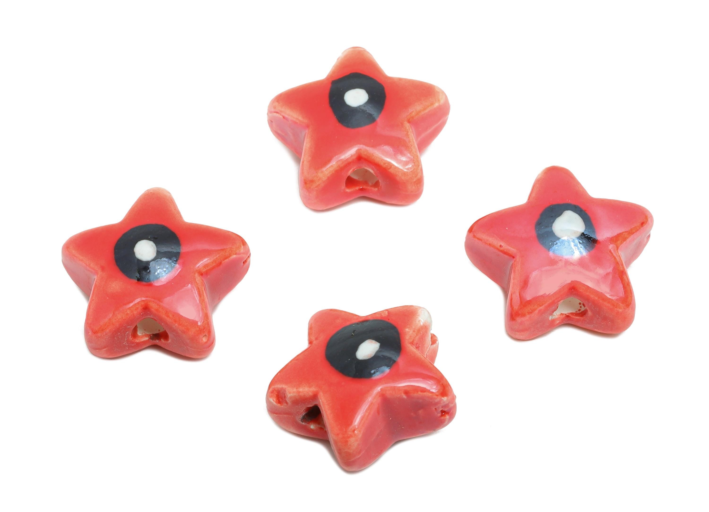 Glazed Ceramic Star Beads - Red Artistic Star Beads with Eye - Handmade Bracelet Beads - Jewelry Component DIY - 21.67x22.02x9.4mm - NS2828 - DOMEDBAZAAR