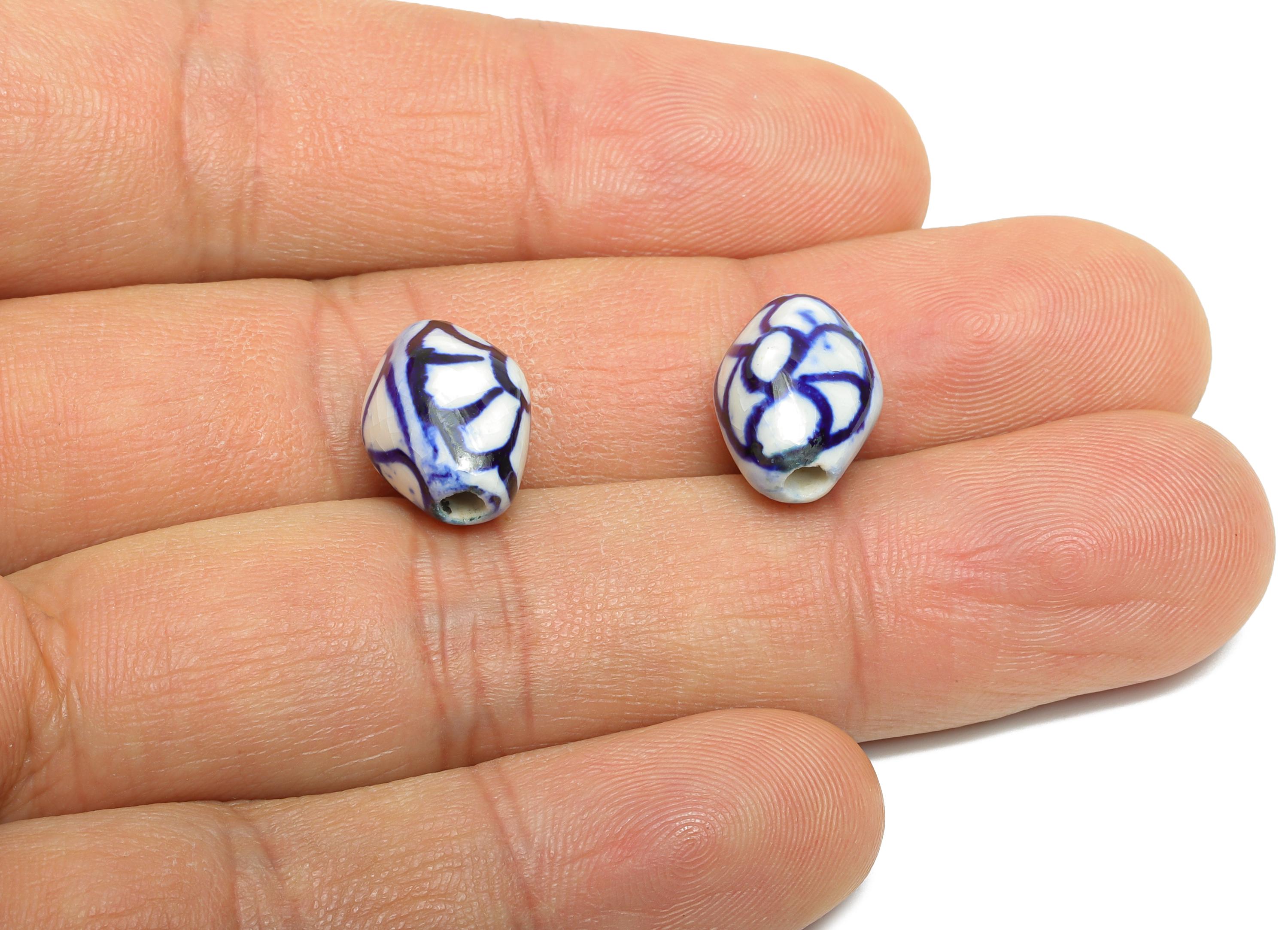 Glazed Ceramic Oval Bead - Hand-Painted Floral Bead Components for Bracelet - Handmade Ceramic Making Jewelry - 14.66x10.42x10.13mm - NS2821 - DOMEDBAZAAR