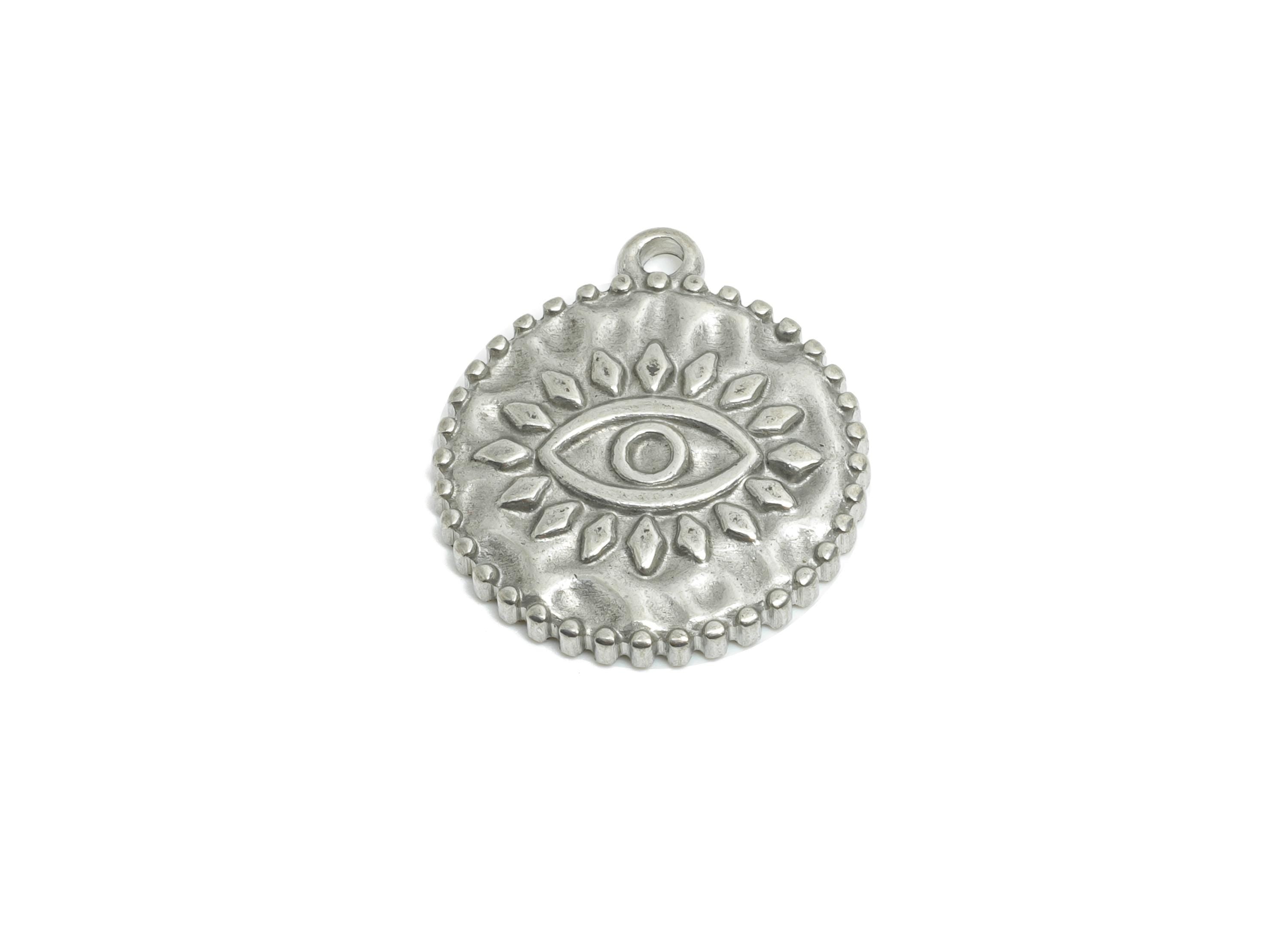 Steel All-Seeing Eye Pendant - Stainless Steel Protective Eye Emblem Pendant - Evil Eye Inspired Charm - Steel Jewelry - 17x15x2mm - SS2001 - DOMEDBAZAAR