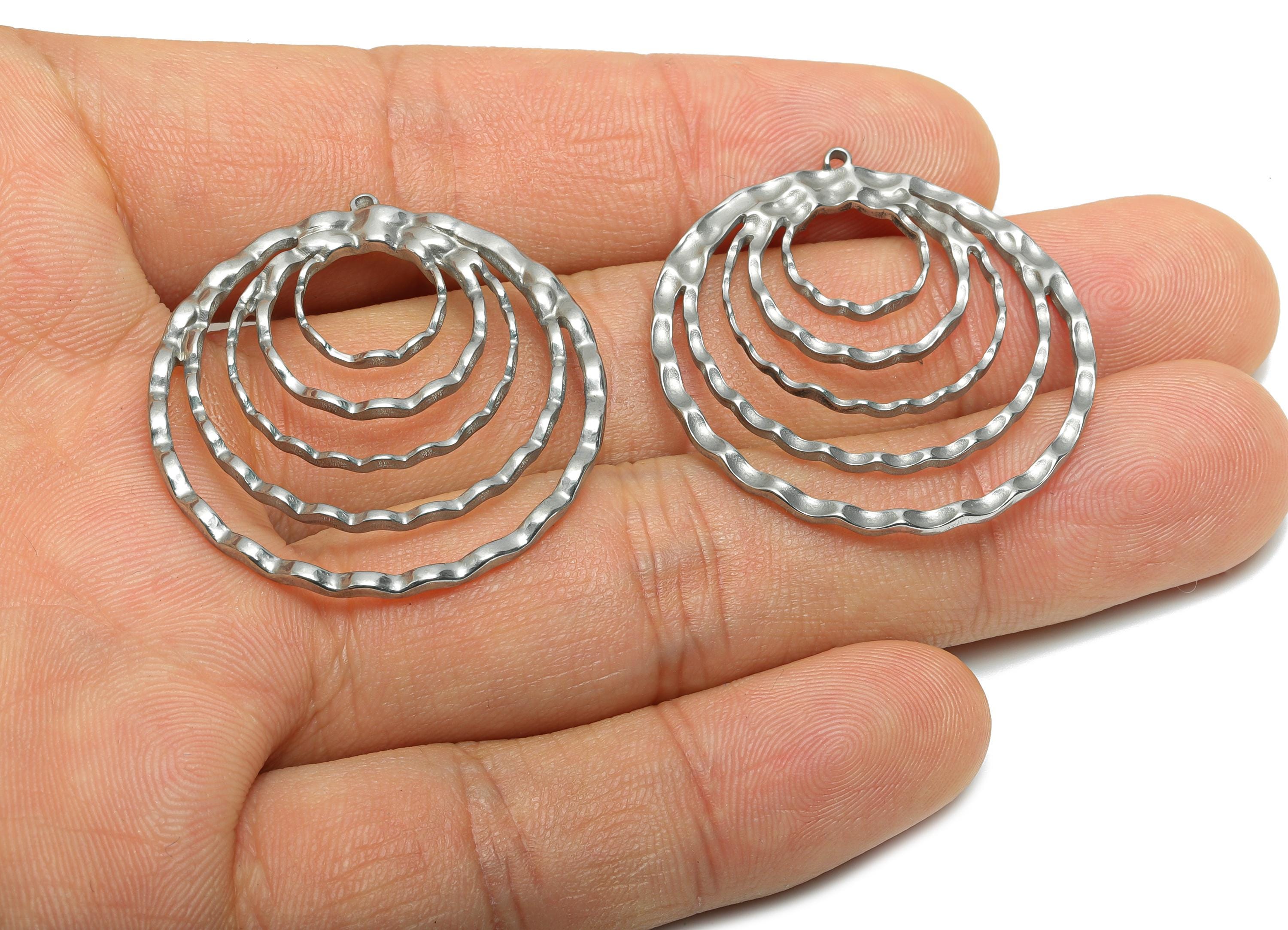 Steel Layered Circle Pendant - Stainless Steel Concentric Ring Charm -Hammered Circle Design - Steel Jewelry -35x33.34x1.98mm - SS2050 - DOMEDBAZAAR