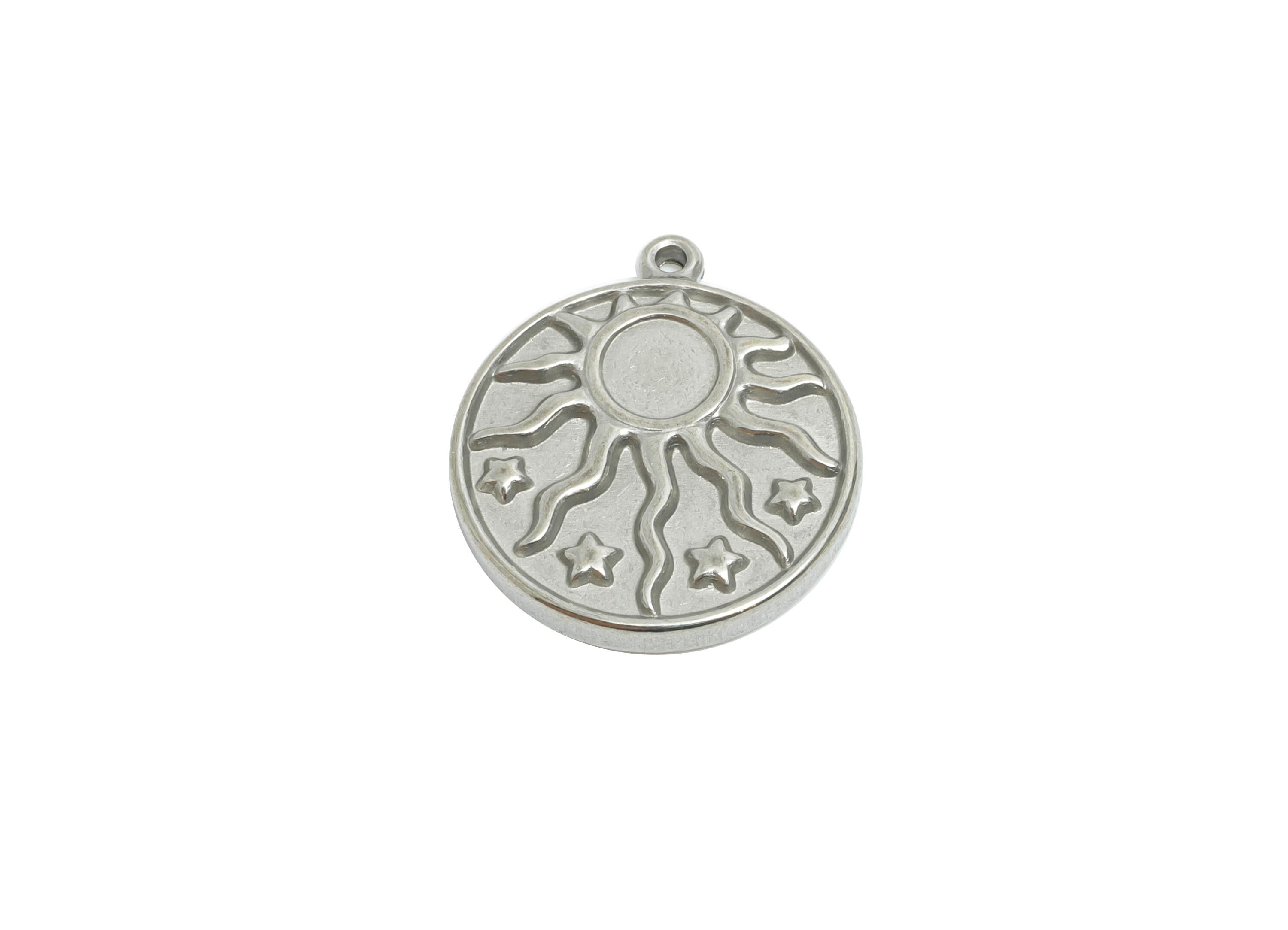 Steel Sunburst Charms - Steel Metallic Celestial Sun Disc Pendant - Steel Sun Star Charm - Mystical Celestial Ornament - 17x15x2mm - SS2040 - DOMEDBAZAAR