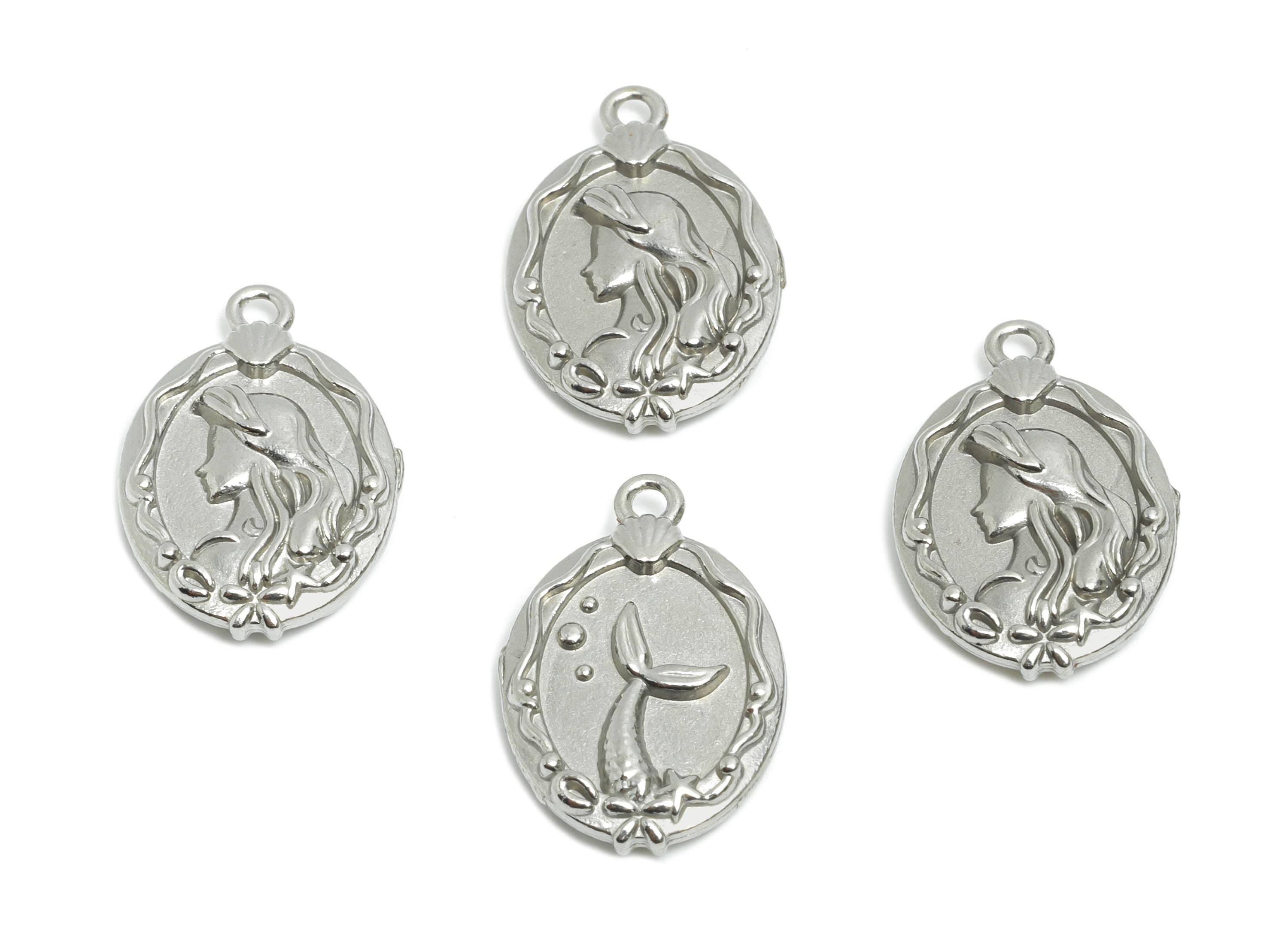 Steel Mermaid Charms - Whimsical Oval Double Sided Pendant - Elegant Lady and Fishtail Jewelry Accent - Steel Finding - 17.88x12x3mm -SS2011 - DOMEDBAZAAR