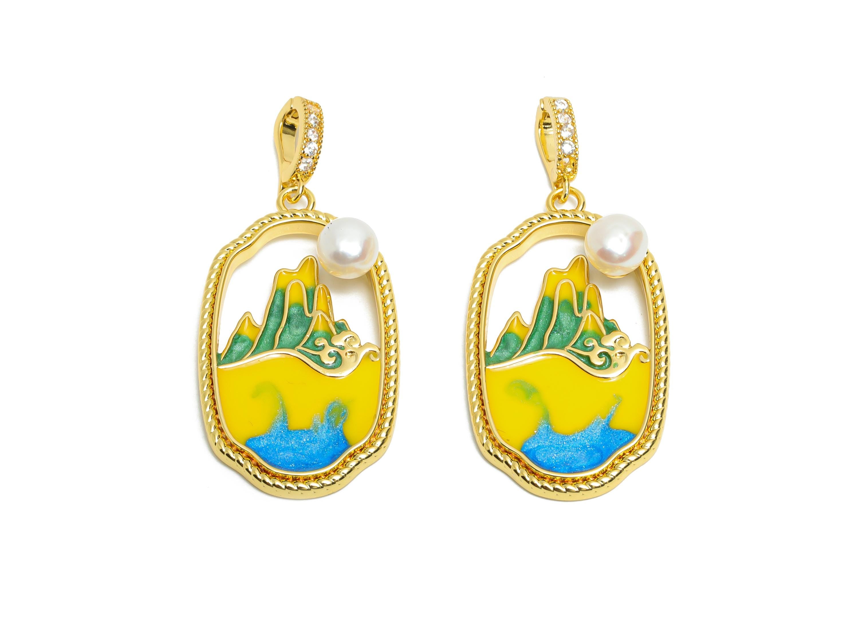 Mountain Ocean Pendant - Brass Luxe Enamel Pendant With Pearl - Artistic Scenic Charm With Bail - 18K Real Gold Plated - 34x19x7mm -RGP10722 - DOMEDBAZAAR