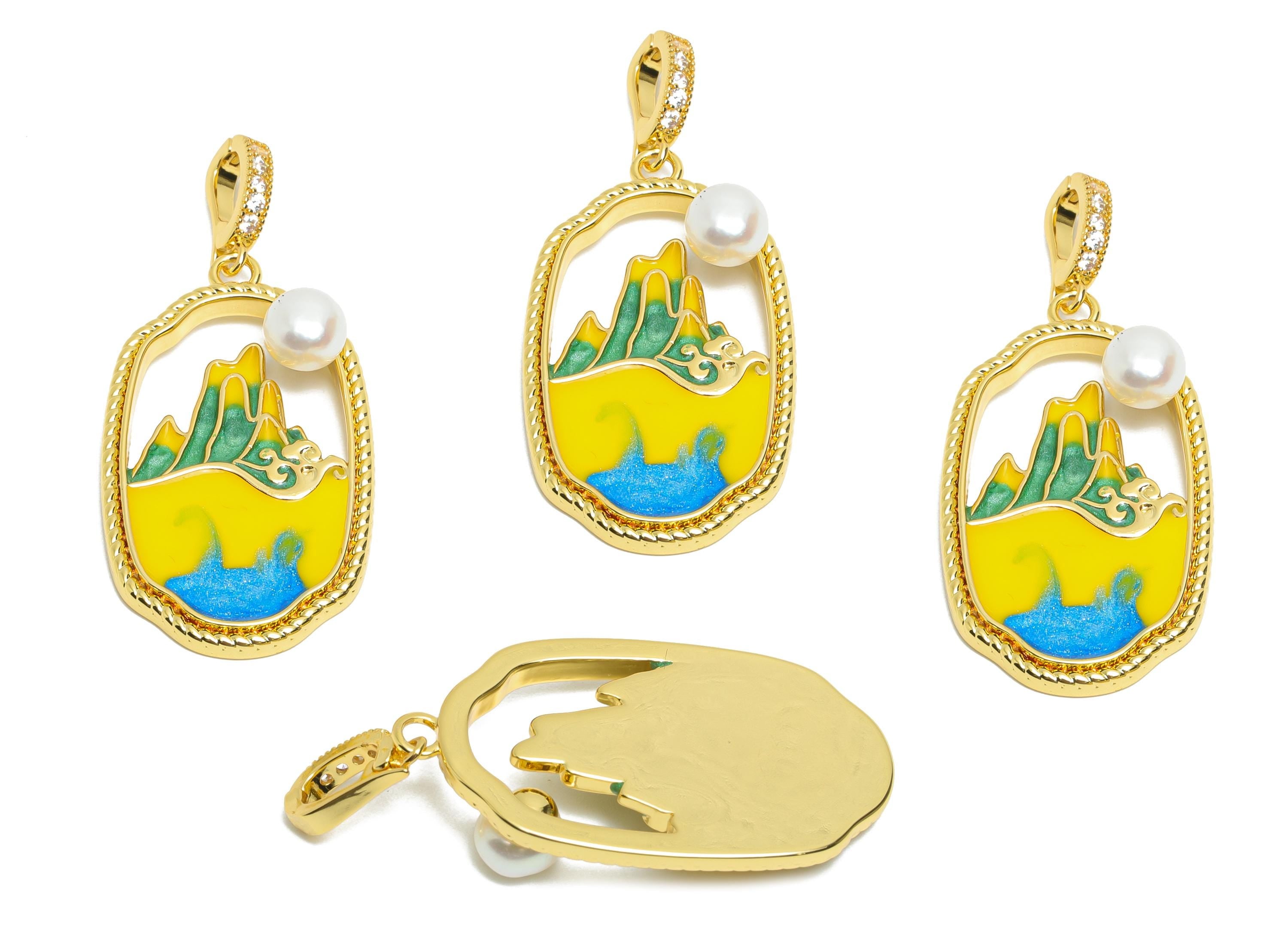 Mountain Ocean Pendant - Brass Luxe Enamel Pendant With Pearl - Artistic Scenic Charm With Bail - 18K Real Gold Plated - 34x19x7mm -RGP10722 - DOMEDBAZAAR