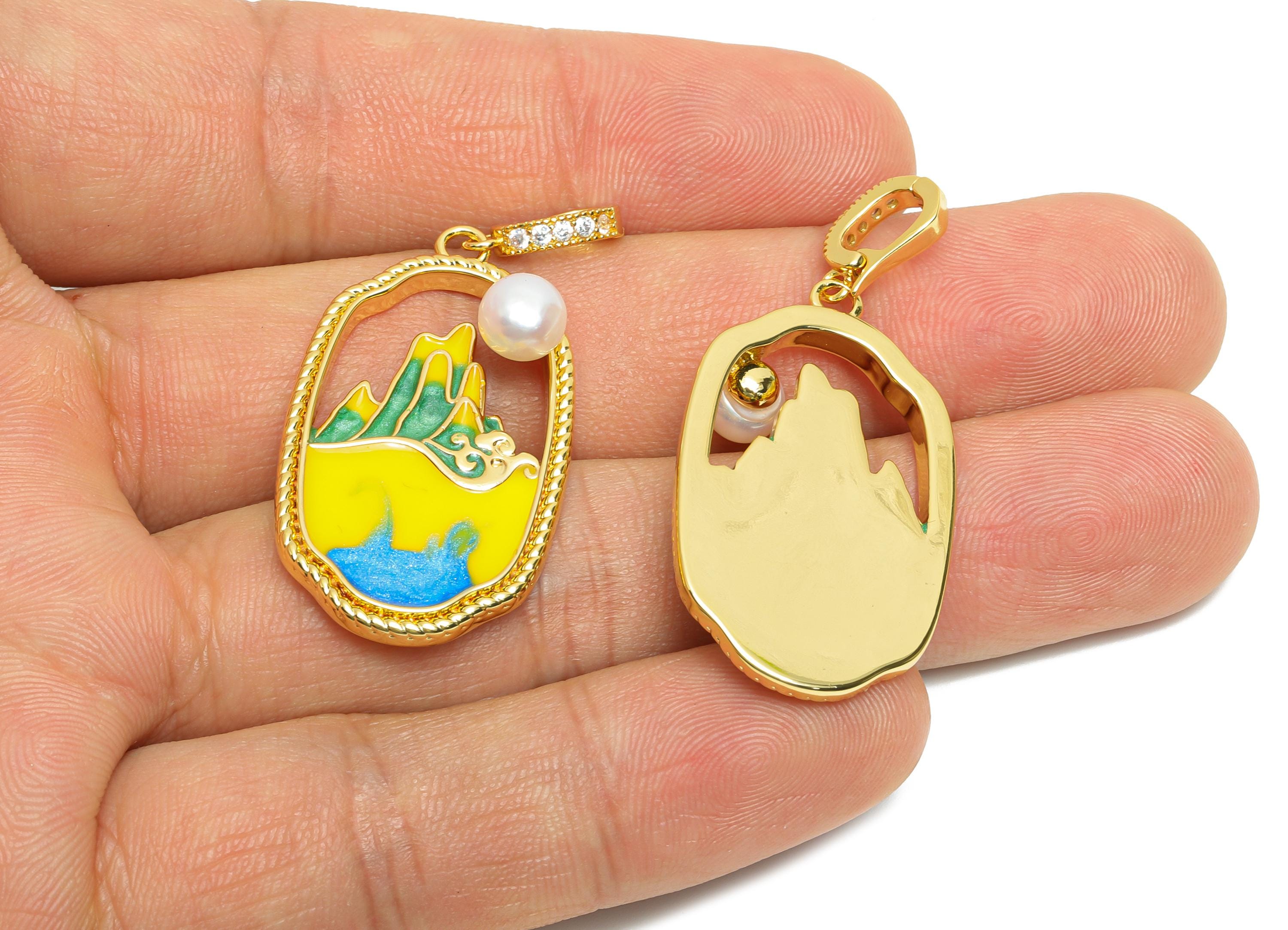 Mountain Ocean Pendant - Brass Luxe Enamel Pendant With Pearl - Artistic Scenic Charm With Bail - 18K Real Gold Plated - 34x19x7mm -RGP10722 - DOMEDBAZAAR