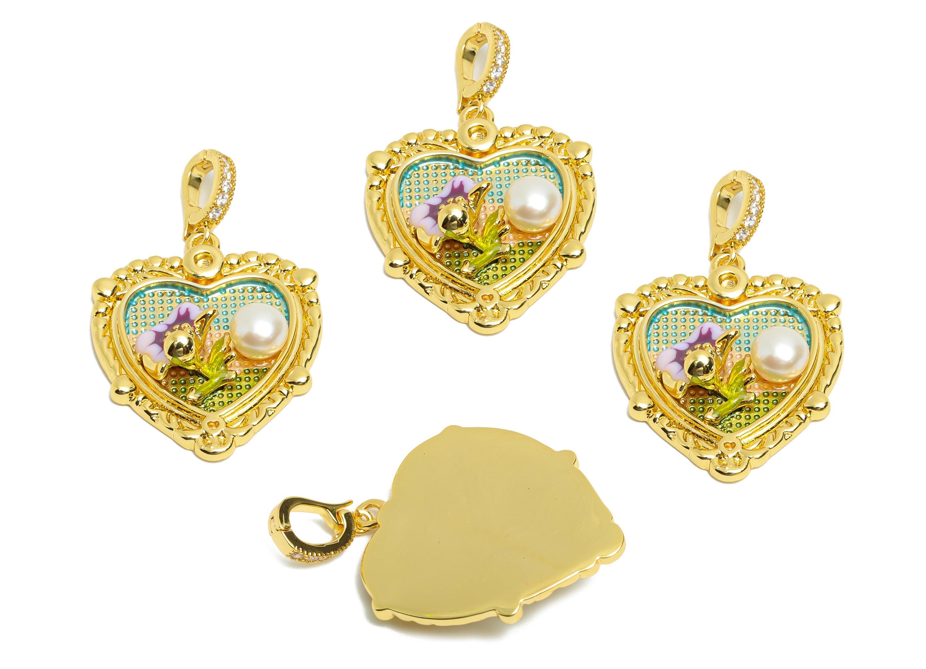 Romantic Heart Pendant - Brass Enamel Pendant With Pearl - Dainty Necklace Charm With Bail - 18K Real Gold Plated - 29x24x6mm - RGP10723 - DOMEDBAZAAR