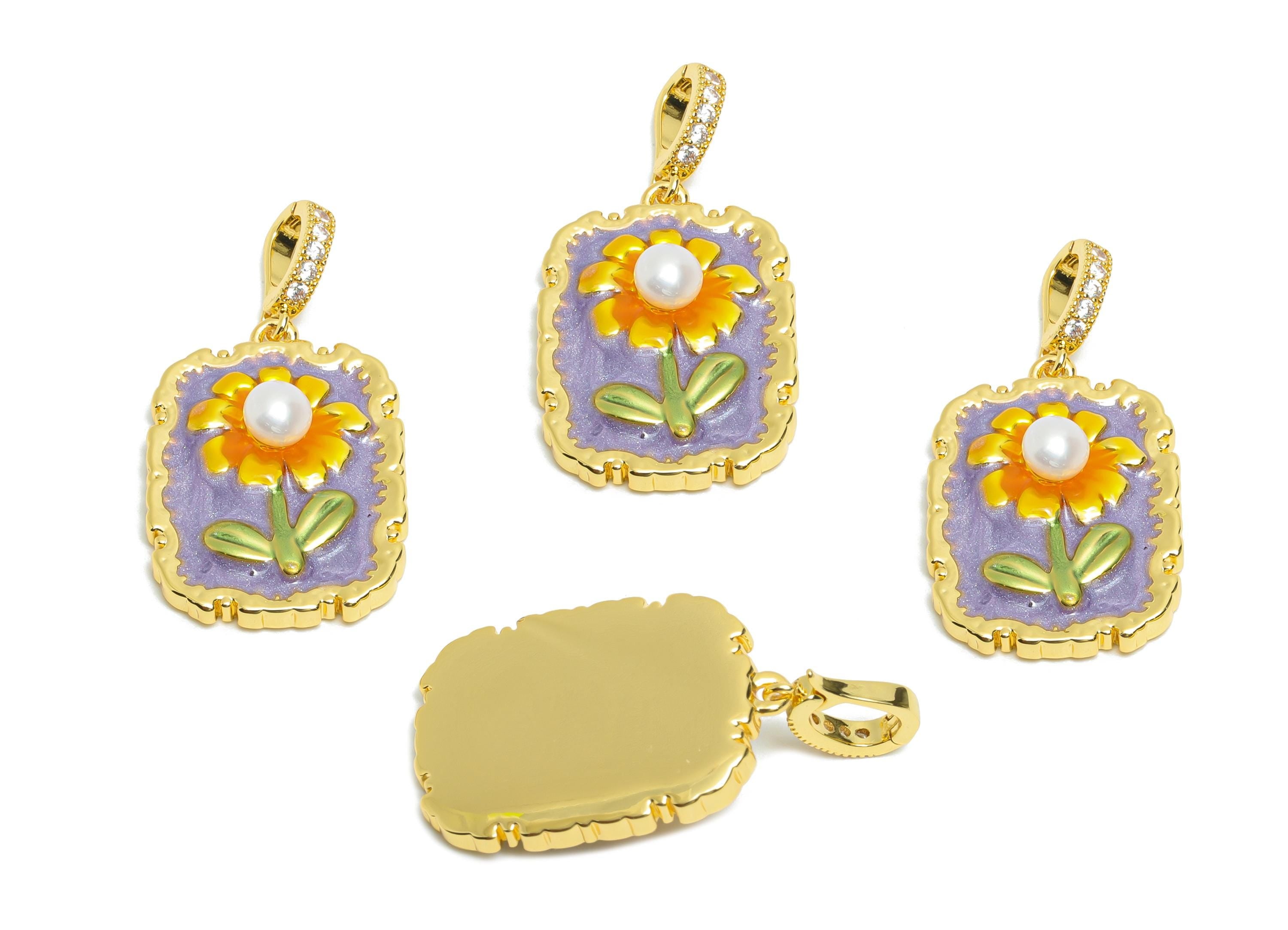 Floral Enamel Pendant- Brass Daisy Enamel Pendant With Pearl - Dainty Necklace Charm With Bail - 18K Real Gold Plated - 25x17x6mm - RGP10720 - DOMEDBAZAAR