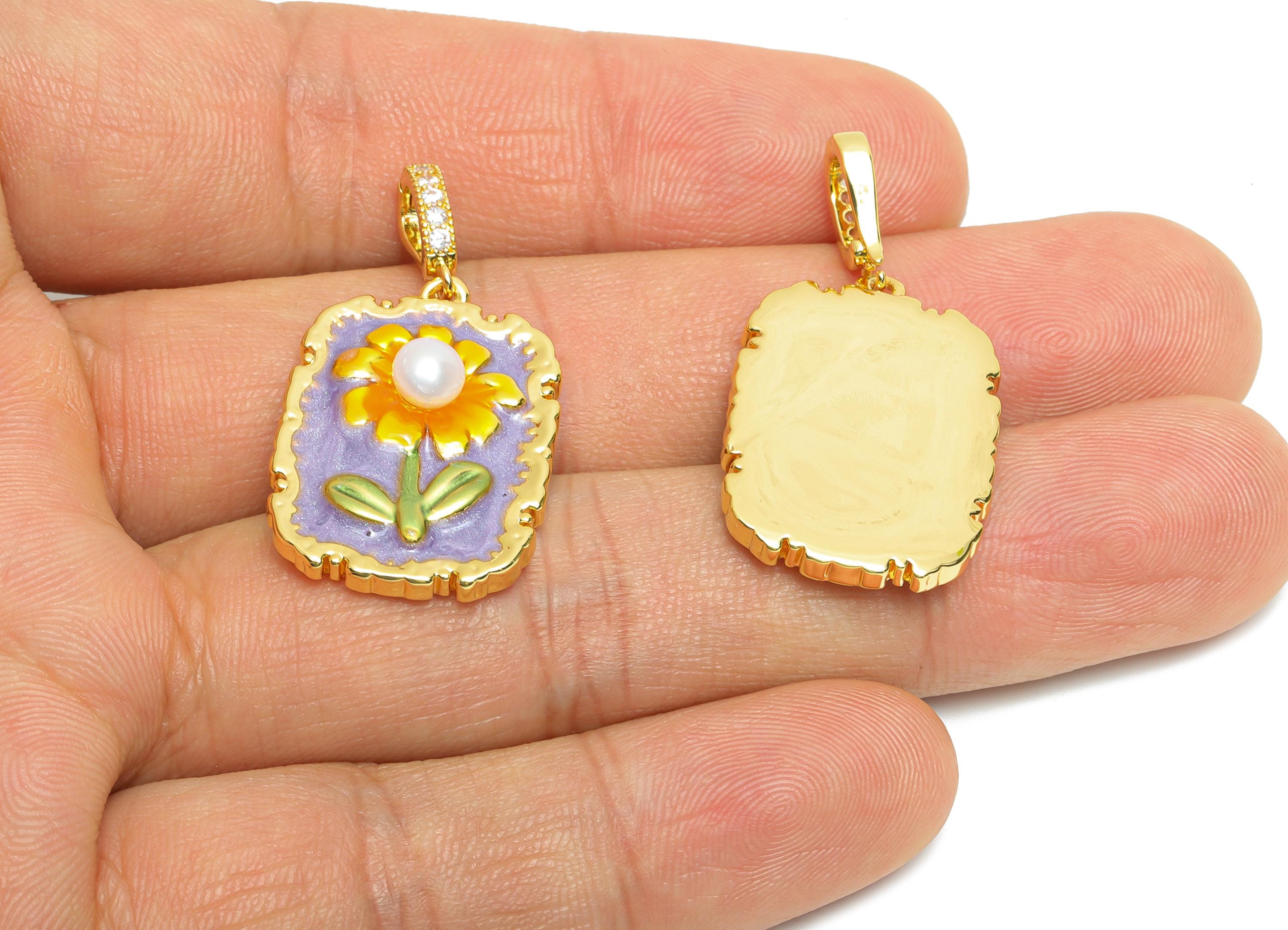 Floral Enamel Pendant- Brass Daisy Enamel Pendant With Pearl - Dainty Necklace Charm With Bail - 18K Real Gold Plated - 25x17x6mm - RGP10720 - DOMEDBAZAAR