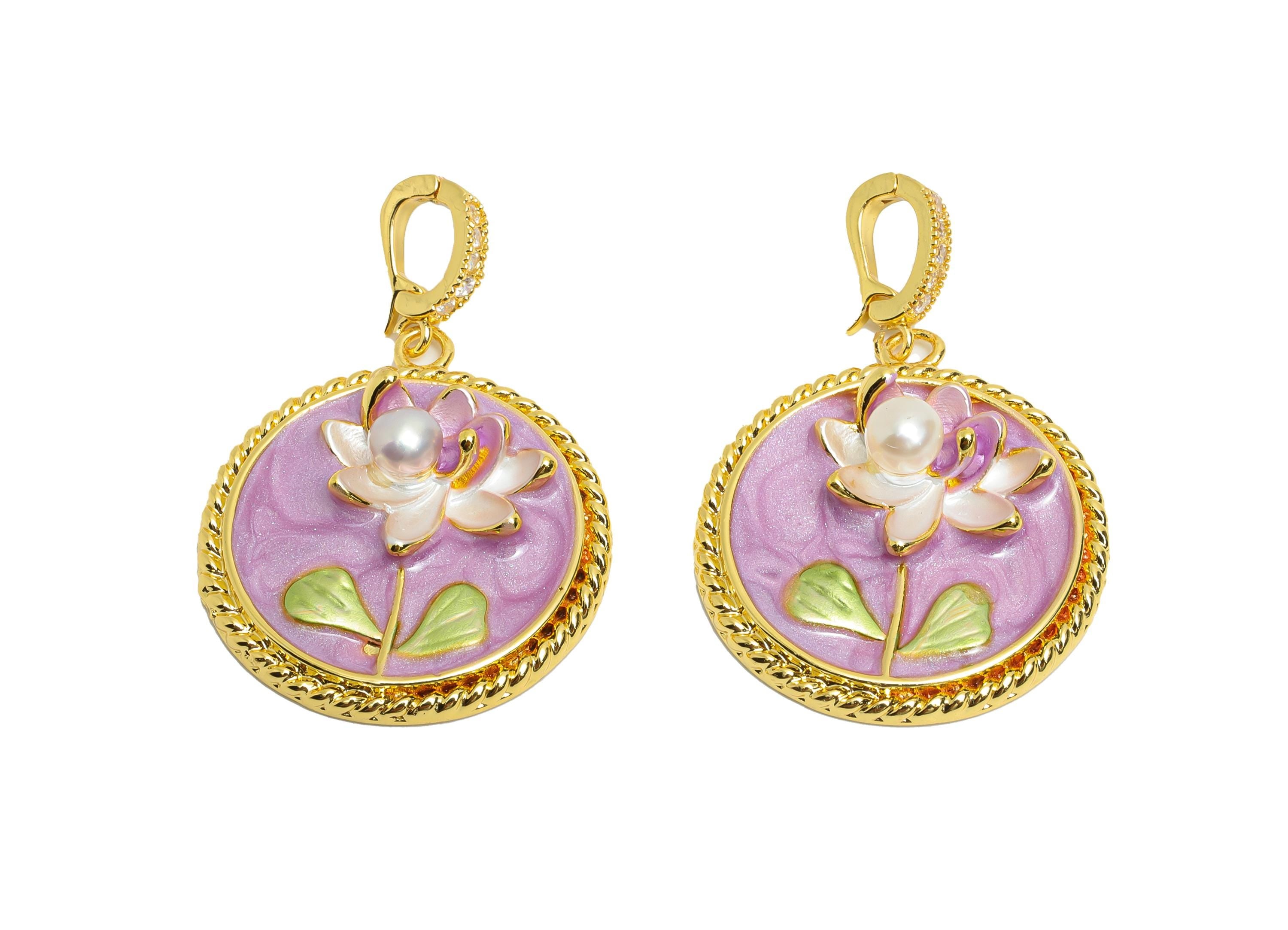Floral Enamel Pendant- Brass Lotus Enamel Pendant With Pearl - Dainty Necklace Charm With Bail - 18K Real Gold Plated - 27x24x7mm - RGP10724 - DOMEDBAZAAR