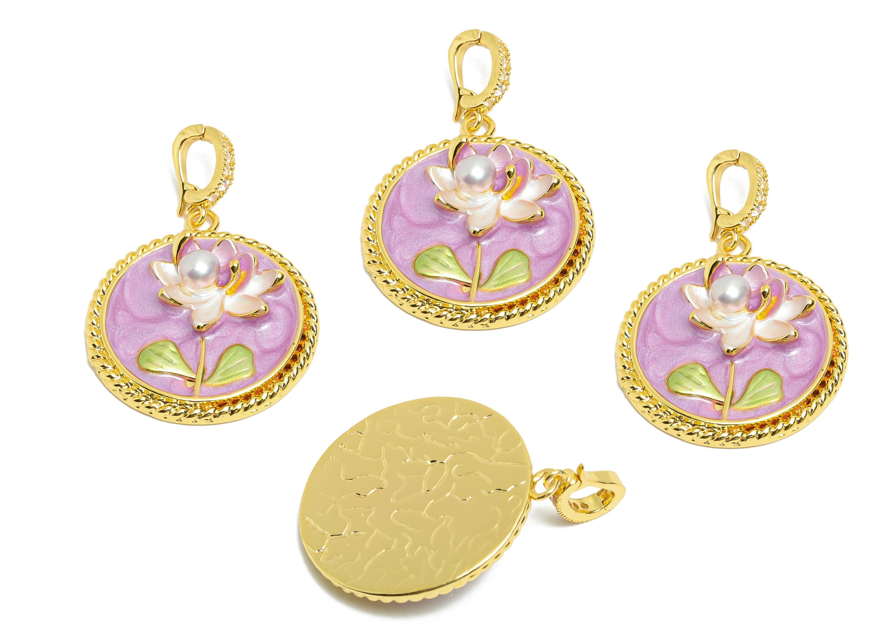 Floral Enamel Pendant- Brass Lotus Enamel Pendant With Pearl - Dainty Necklace Charm With Bail - 18K Real Gold Plated - 27x24x7mm - RGP10724 - DOMEDBAZAAR