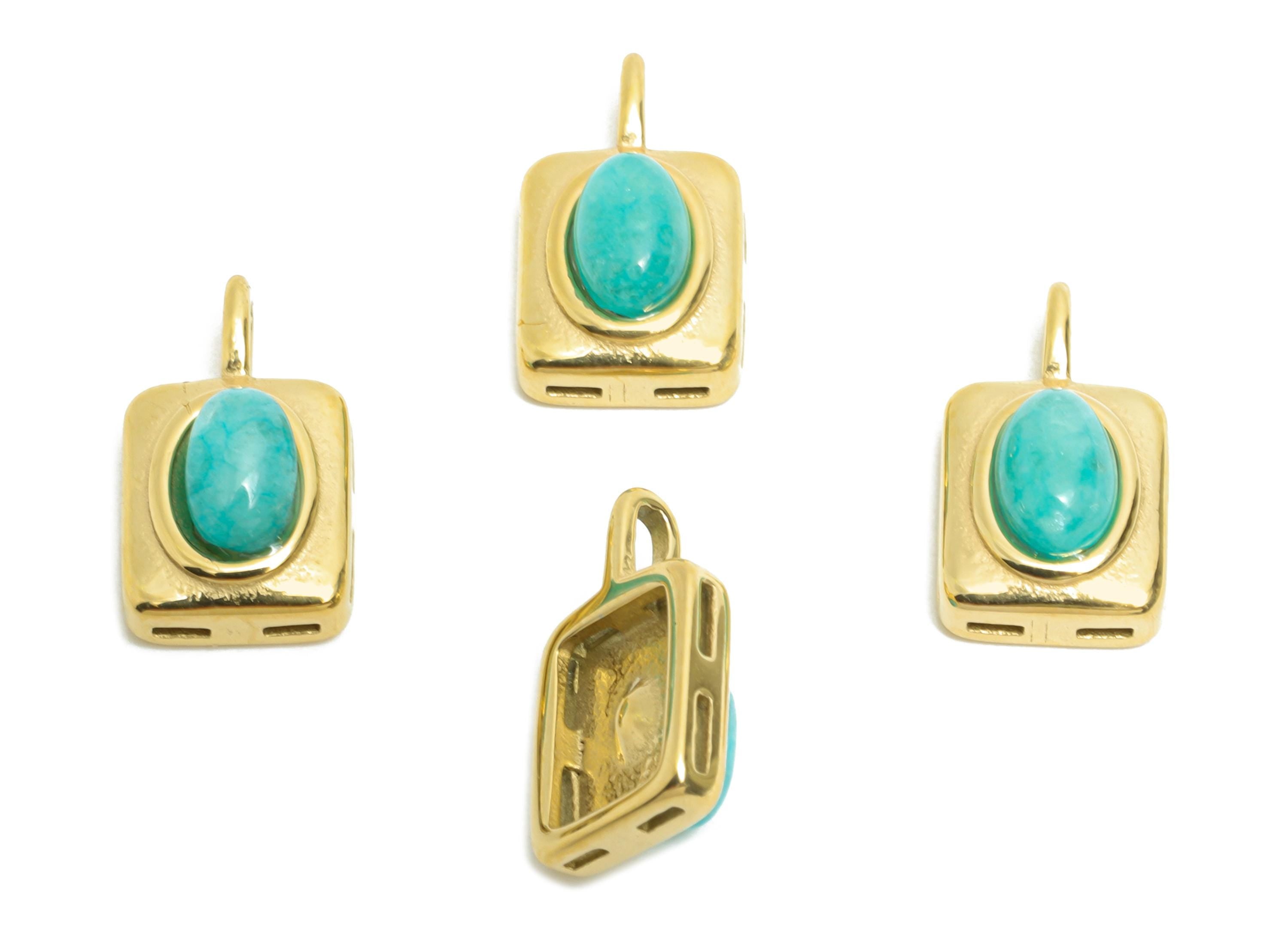 Steel Natural Stone Pendant - Elegant Luxurious Blue Gemstone Rectangle Charm - Natural Stone Jewelry - 14K Real Gold - 13x8x5mm - SS1672 - DOMEDBAZAAR