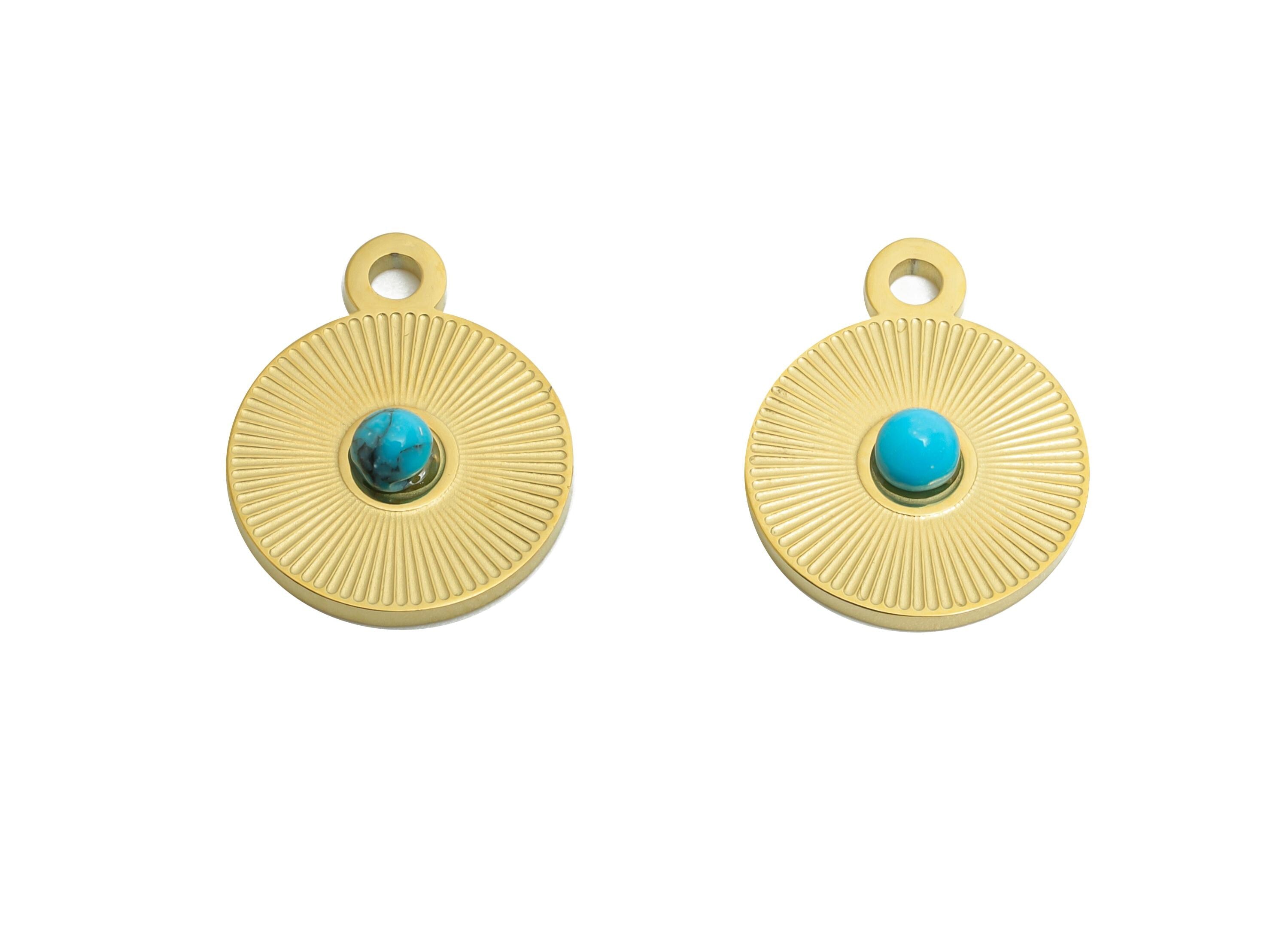 Steel Natural Stone Pendant - Textured Circular Bright Blue Stone Detail Pendant - Natural Stone Jewelry - 14K Real Gold - 15x12x3mm -SS1670 - DOMEDBAZAAR