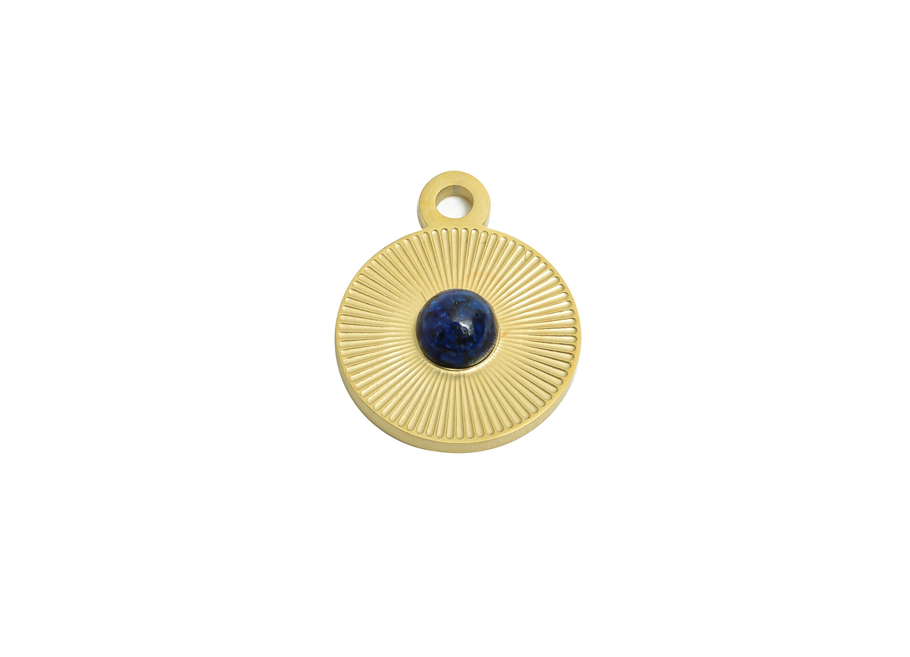 Steel Natural Stone Pendant - Textured Circular Stone Detail Pendant - Handcrafted Natural Stone Jewelry - 14K Real Gold - 15x12x3mm -SS1671 - DOMEDBAZAAR