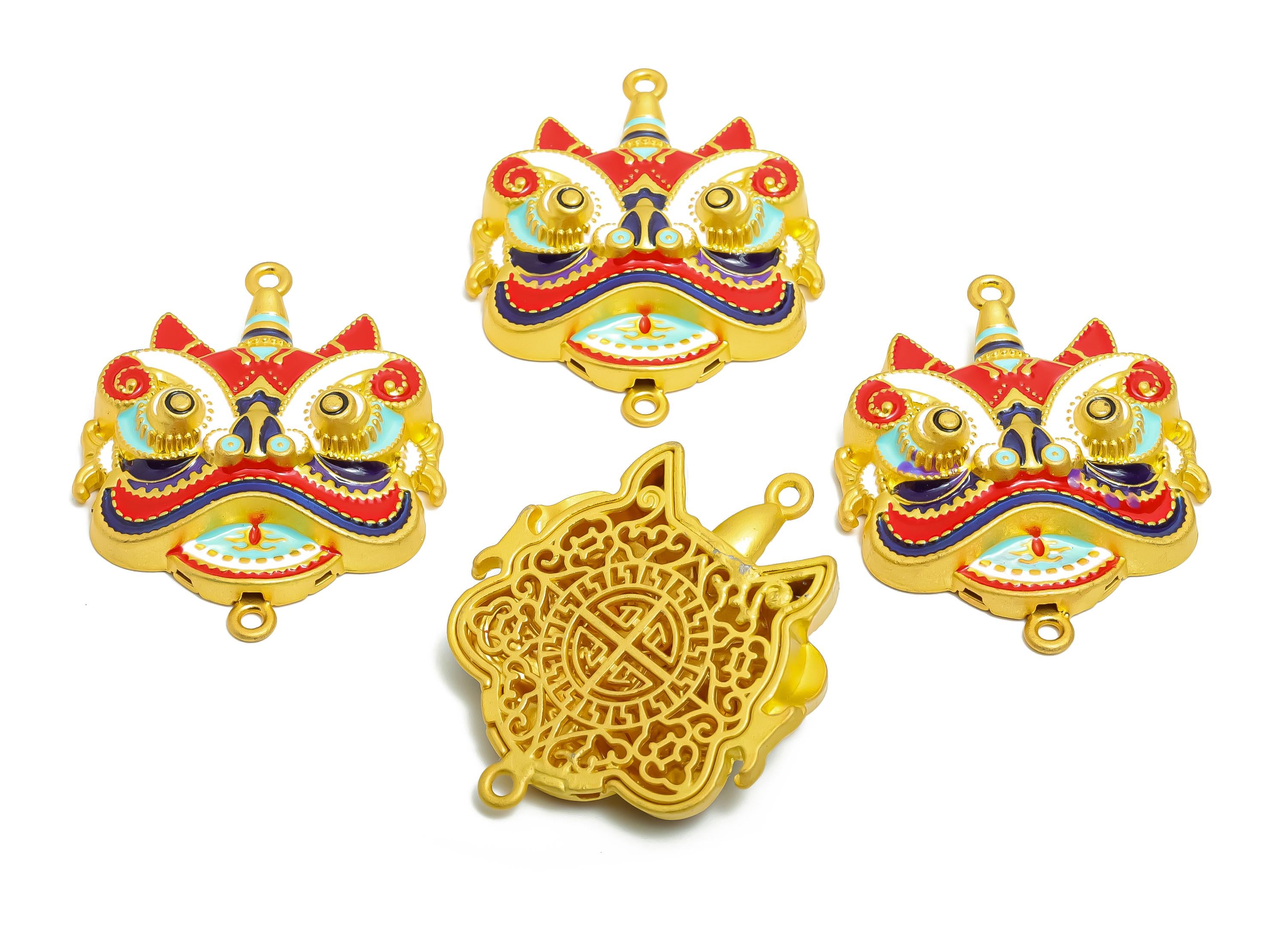 Alloy Lion Dance Pendant - Colorful Folk Enamel Pendant - Vibrant Asian Mask Jewelry - Eastern Charm - 18K Matt Gold - 49x40x11mm - ZZ2144 - DOMEDBAZAAR