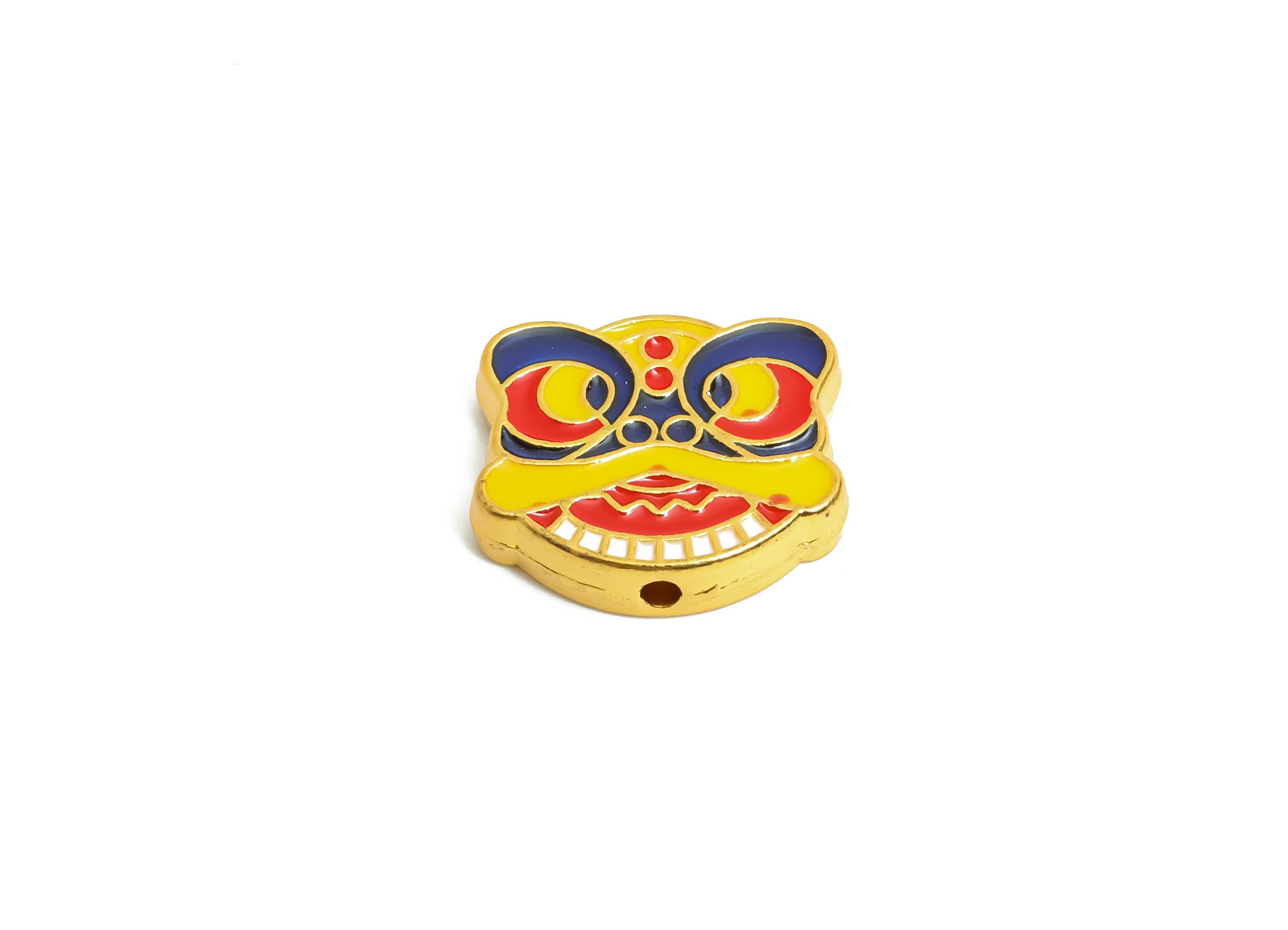 Alloy Lion Dance Bead -  Enamel Bead for Bracelets - Traditional Vibrant Bead Jewelry - Eastern Charm - 18K Matt Gold - 13x16x3mm - ZZ2149 - DOMEDBAZAAR