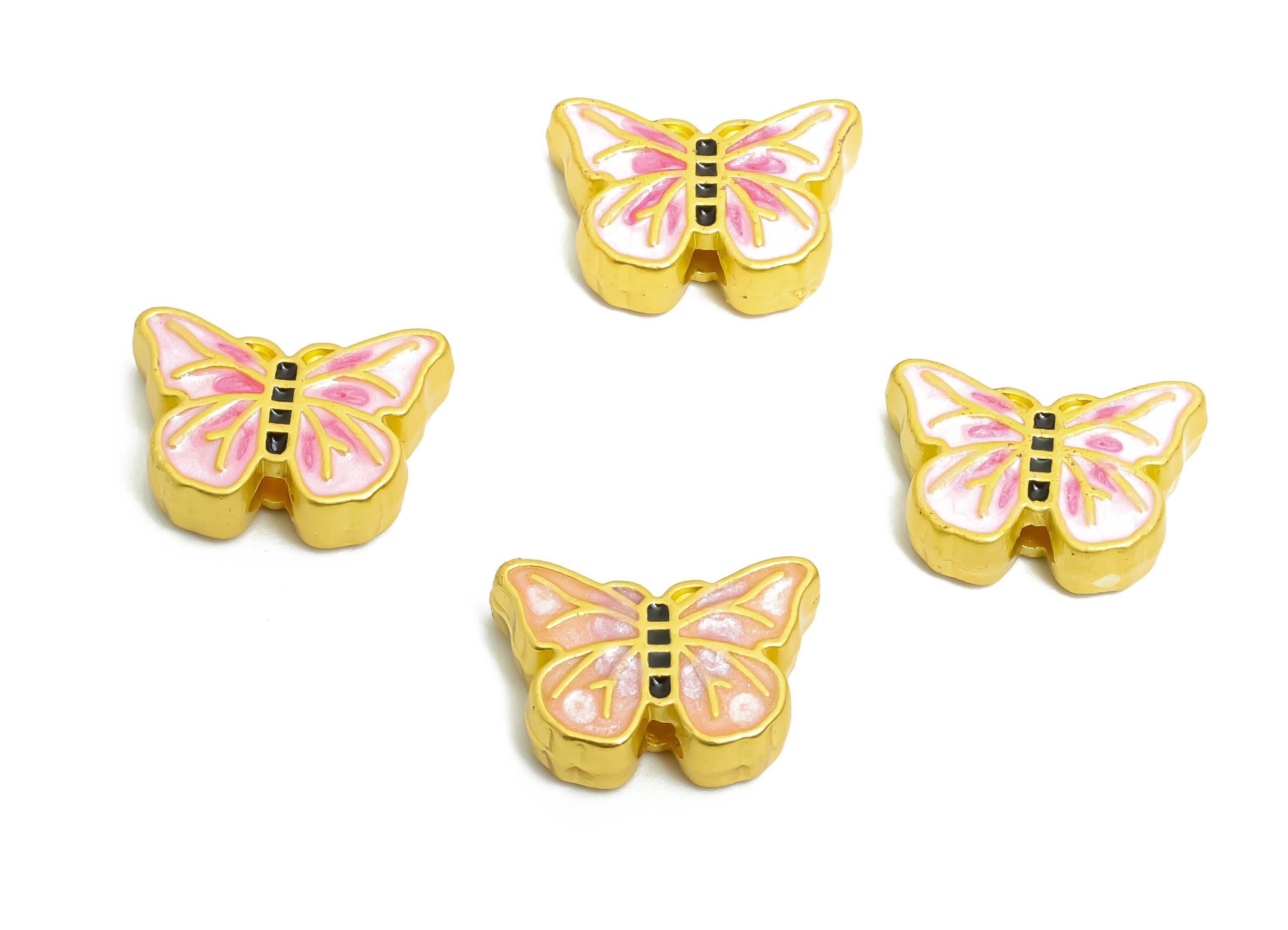 Alloy Butterfly Bead - Pink Enamel for Bracelets - Butterfly Jewelry Bead - Handcrafted Butterfly Bead - 18K Matt Gold - 13x9x4mm - ZZ2137 - DOMEDBAZAAR