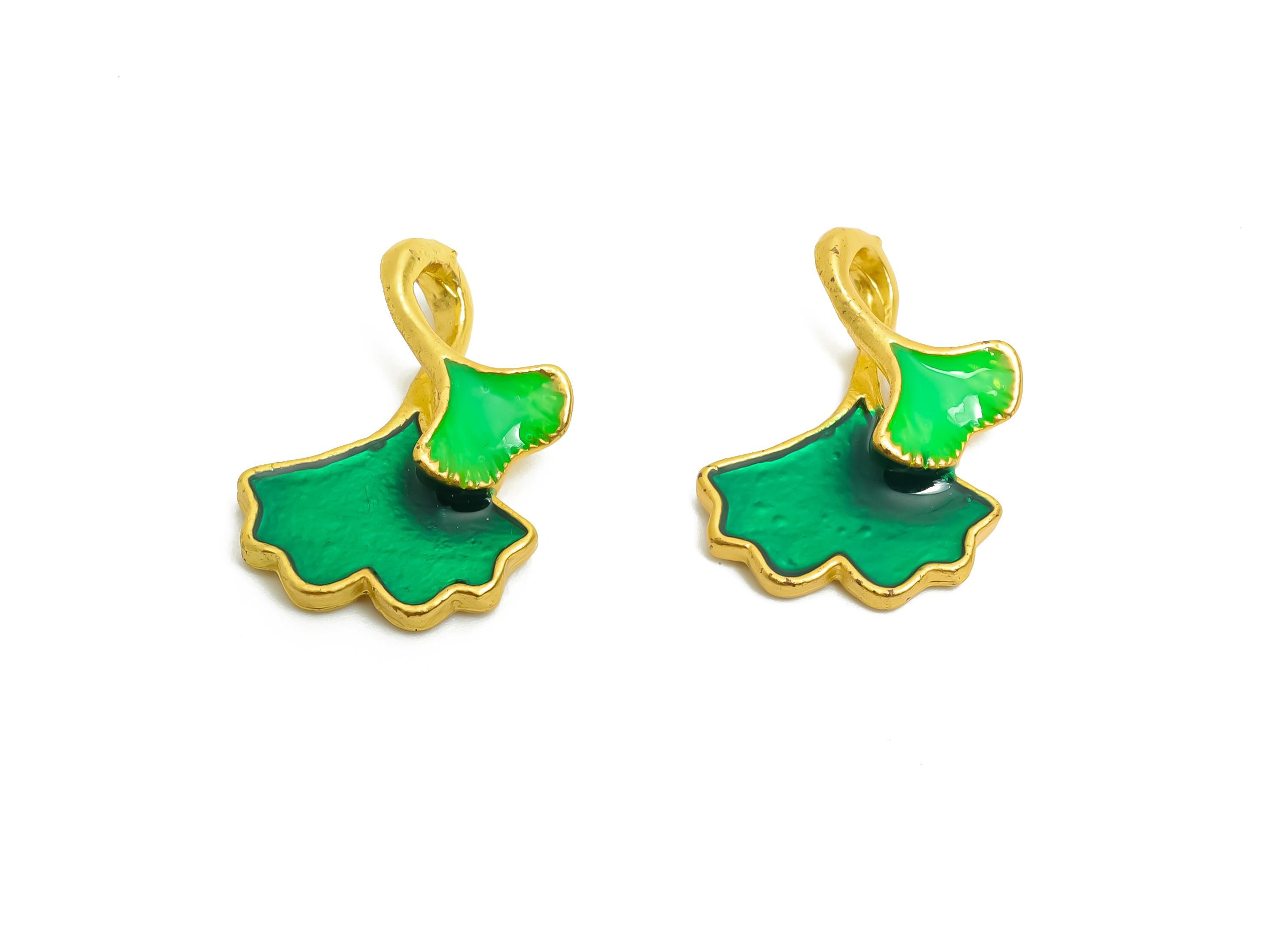 Alloy Ginkgo Leaf Charm - Green Enamel for Bracelets - Botanical Jewelry - DIY Handcrafted Charm - 18K Matte Gold - 16x13x3.4mm - ZZ2132 - DOMEDBAZAAR