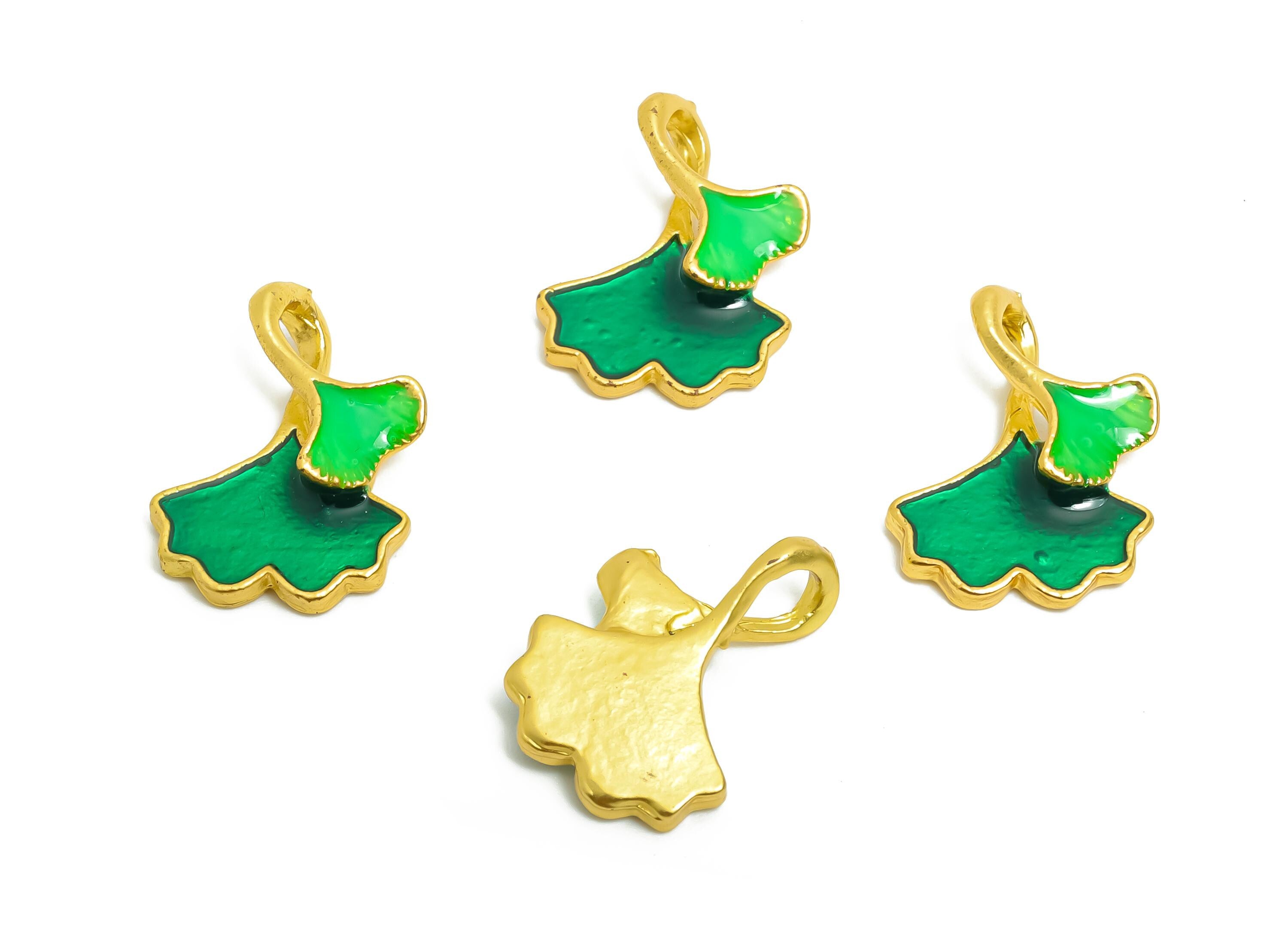 Alloy Ginkgo Leaf Charm - Green Enamel for Bracelets - Botanical Jewelry - DIY Handcrafted Charm - 18K Matte Gold - 16x13x3.4mm - ZZ2132 - DOMEDBAZAAR
