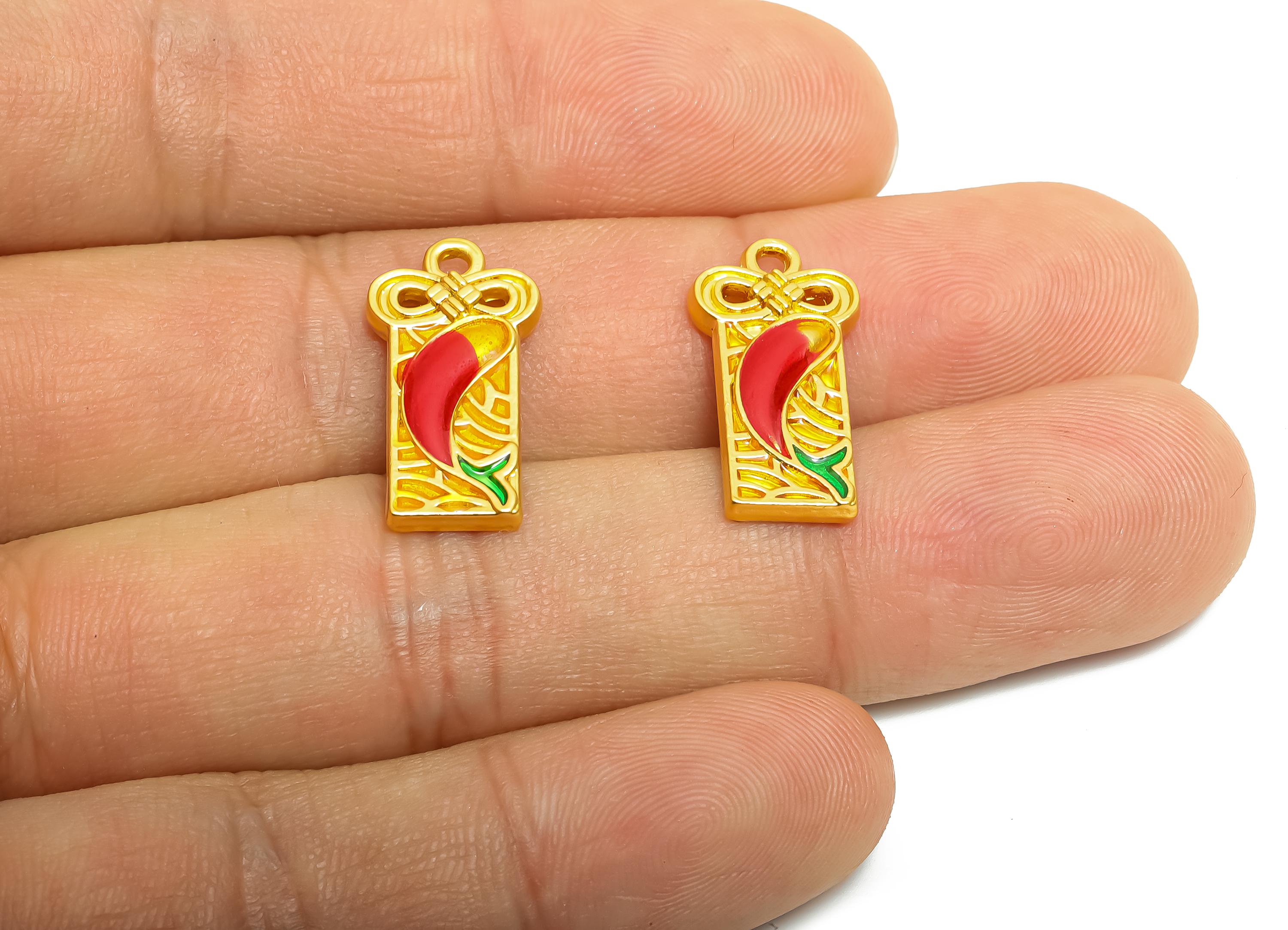Alloy Koi Fish Charm - Colorful Enamel for Bracelets - Rectangle Eastern Charm - DIY Handcrafted Bead - 18K Matte Gold - 20x10x3mm -ZZ2133 - DOMEDBAZAAR