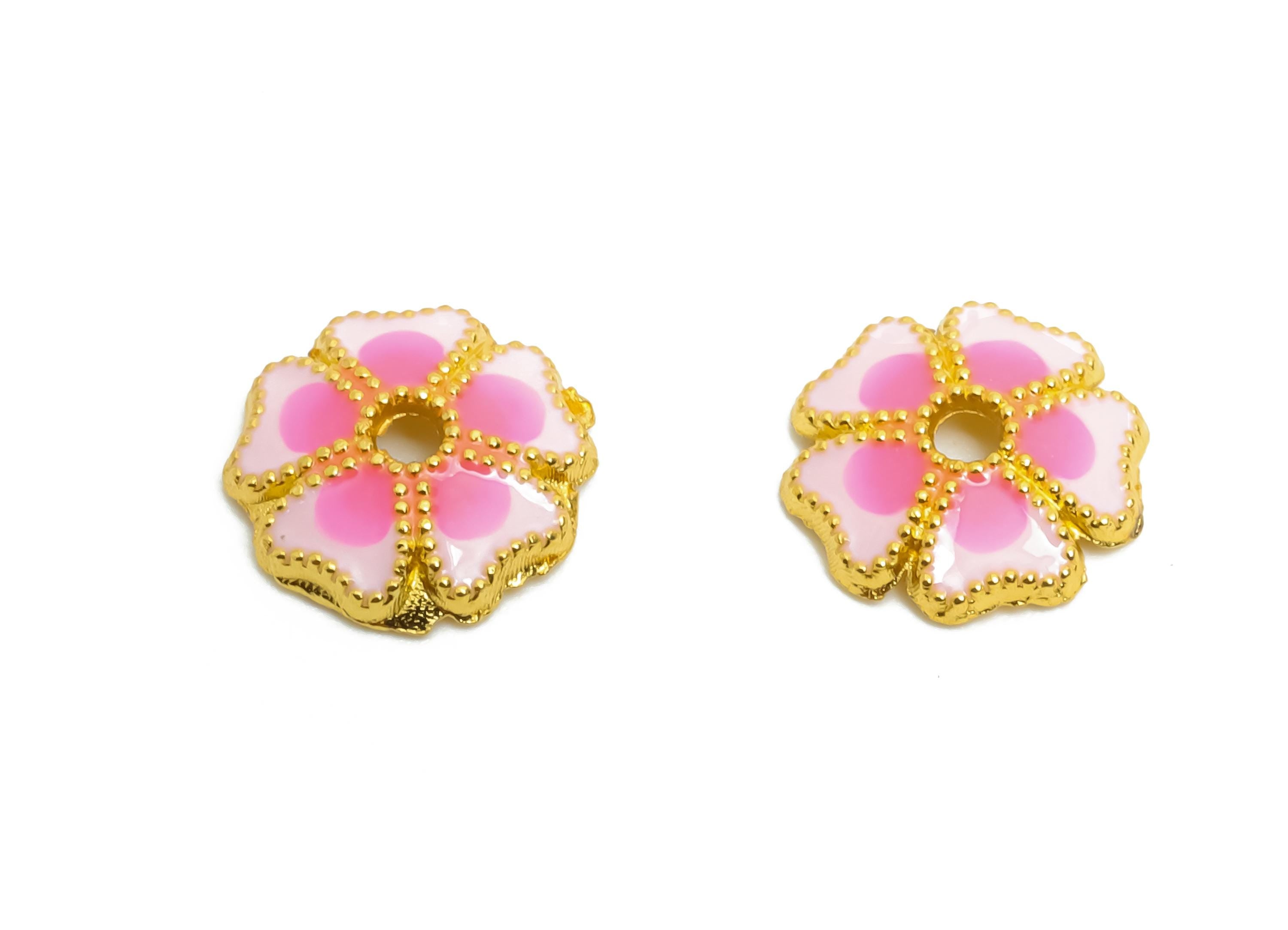 Alloy Pink Floral Bead - Colorful Enamel for Bracelets - Bead Cap Jewelry - DIY Handcrafted Bead Base - 18K Matte Gold - 8x8x1.8mm - ZZ2146 - DOMEDBAZAAR