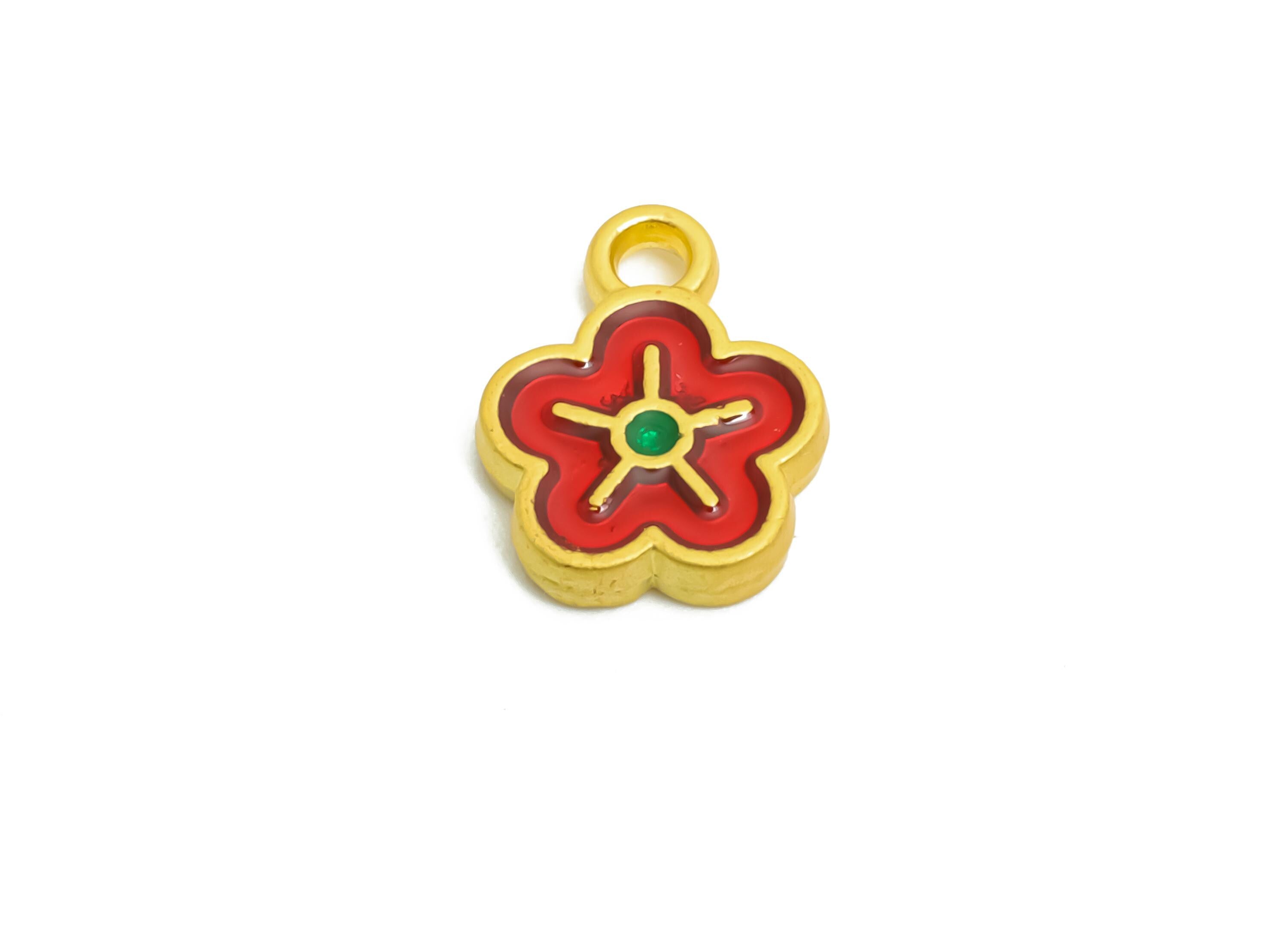 Alloy Tiny Floral Charm - Colorful Enamel for Bracelets - Handmade Bead Jewelry - Handcrafted Charm - 18K Matte Gold - 10x8x1.8mm - ZZ2154 - DOMEDBAZAAR
