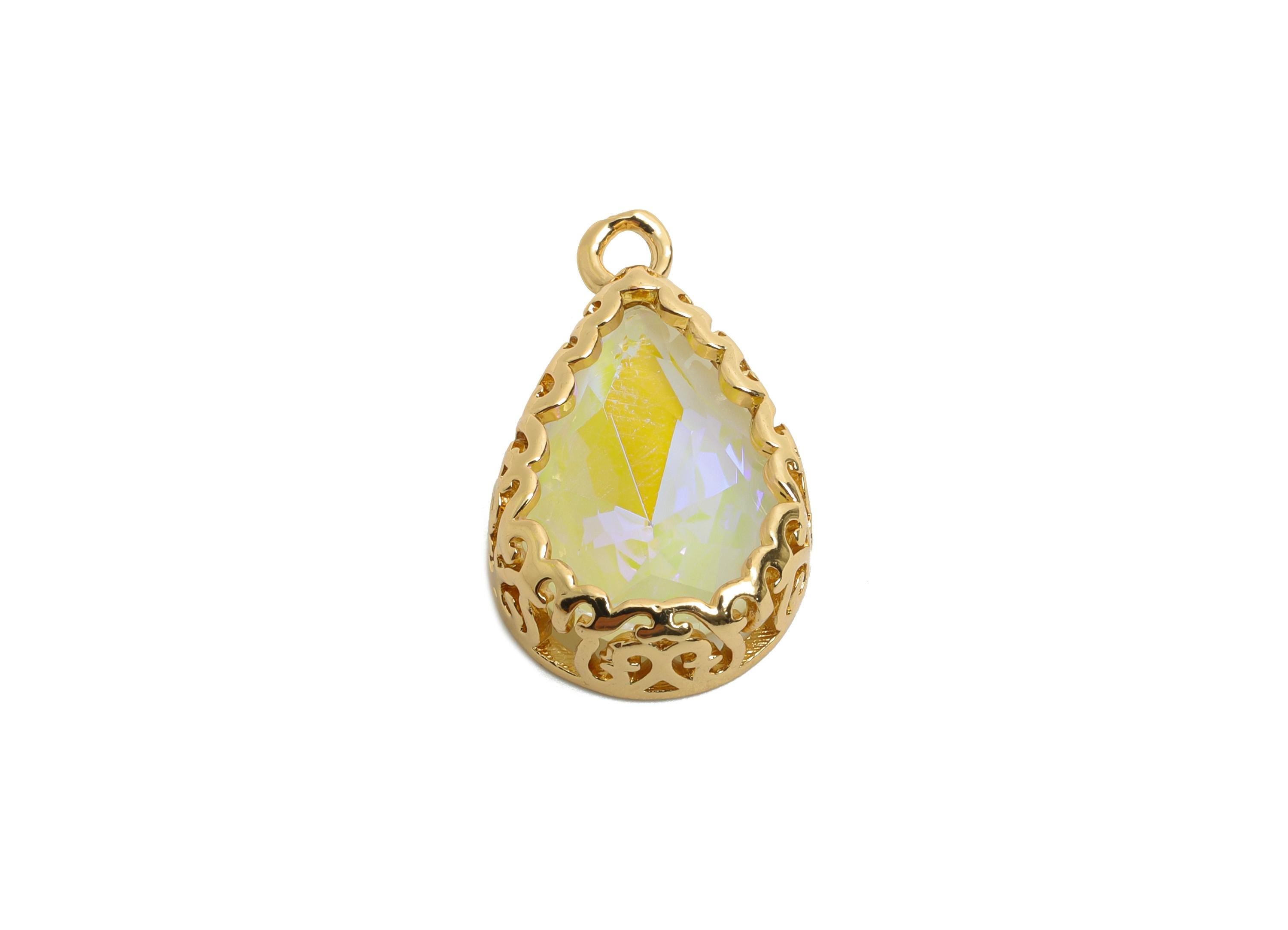 Brass Teardrop Crystal Charm - White Faceted Crystal Necklace Pendant - Drop Gold-Framed Jewelry DIY - KC Gold Plated - 20x12.6x5mm - GS1195 - DOMEDBAZAAR