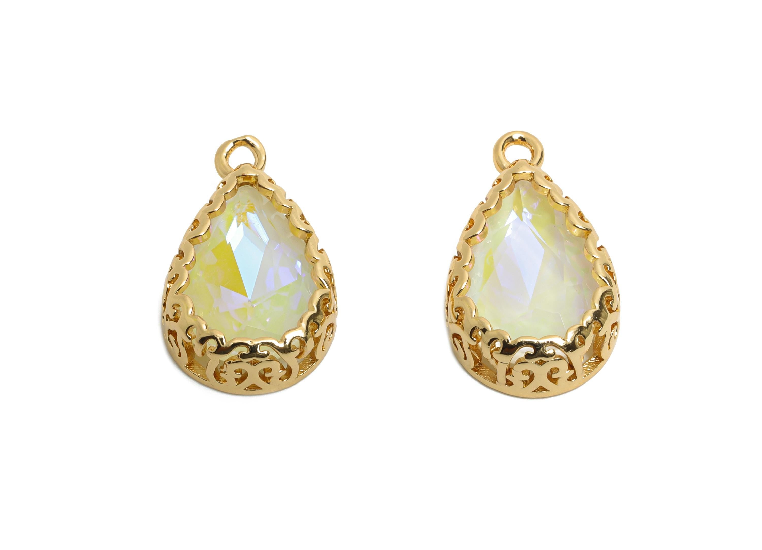 Brass Teardrop Crystal Charm - White Faceted Crystal Necklace Pendant - Drop Gold-Framed Jewelry DIY - KC Gold Plated - 20x12.6x5mm - GS1195 - DOMEDBAZAAR